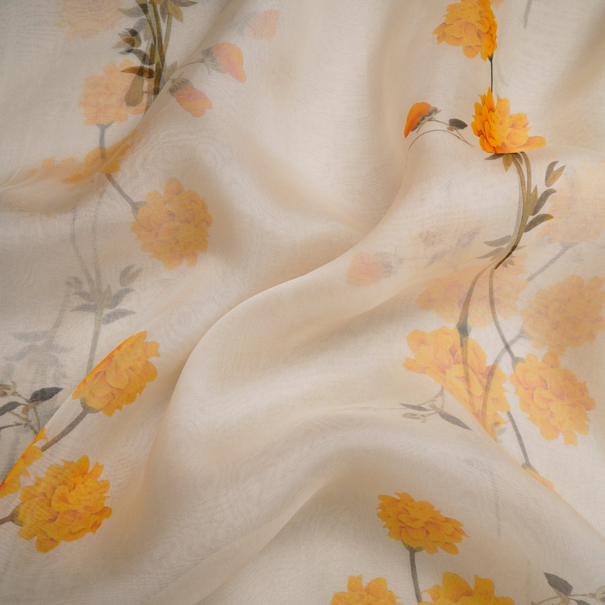 (Pre-Cut 1.70Mtr)Off-White Floral Pattern Digital Print Organza Silk Fabric