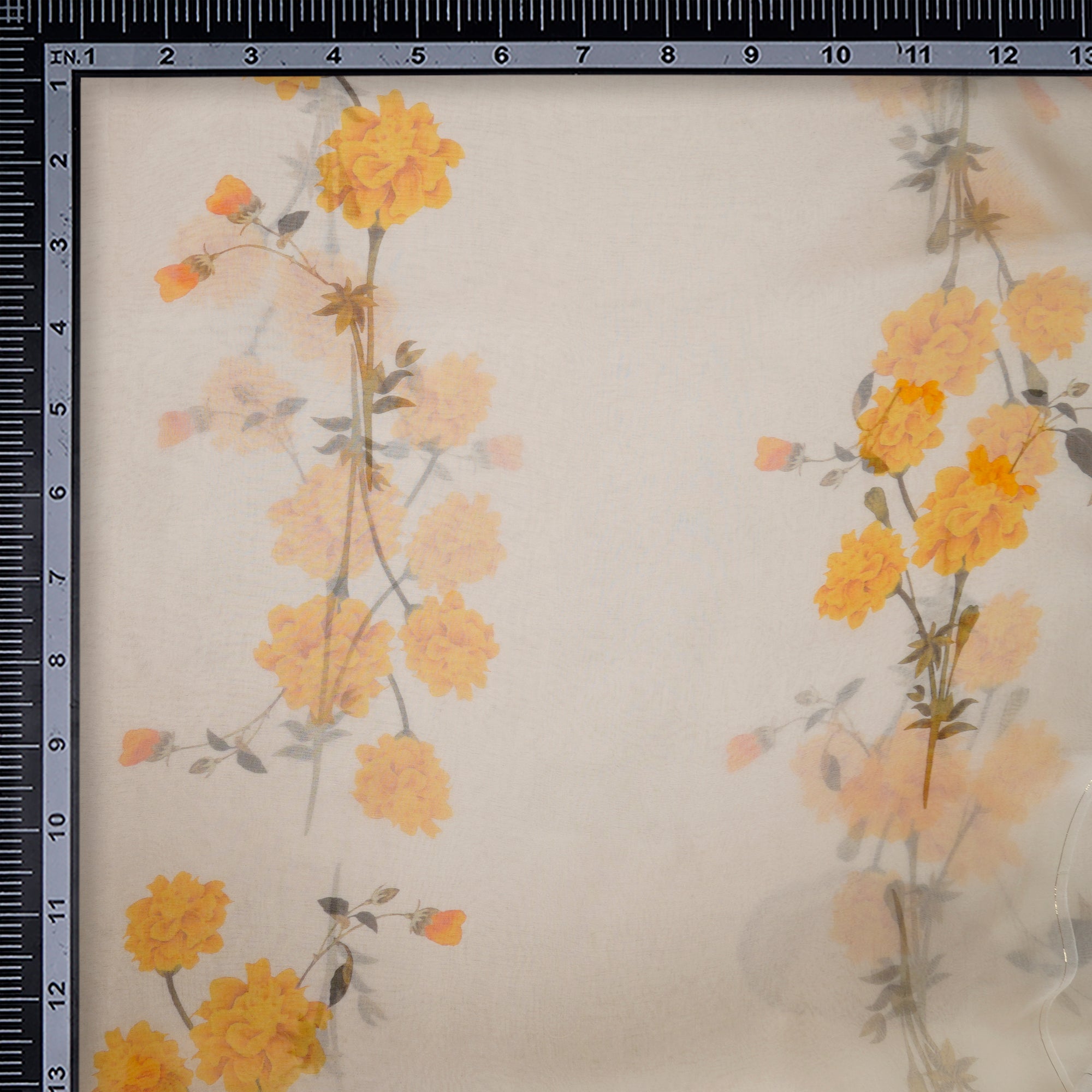 (Pre-Cut 1.70Mtr)Off-White Floral Pattern Digital Print Organza Silk Fabric