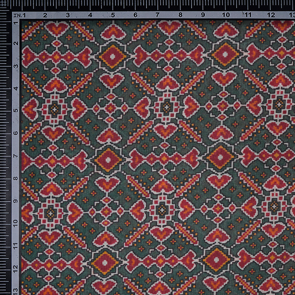 (Pre-Cut 4.80Mtr)Green Color Digital Printed Patola Pattern Tussar Chanderi Fabric