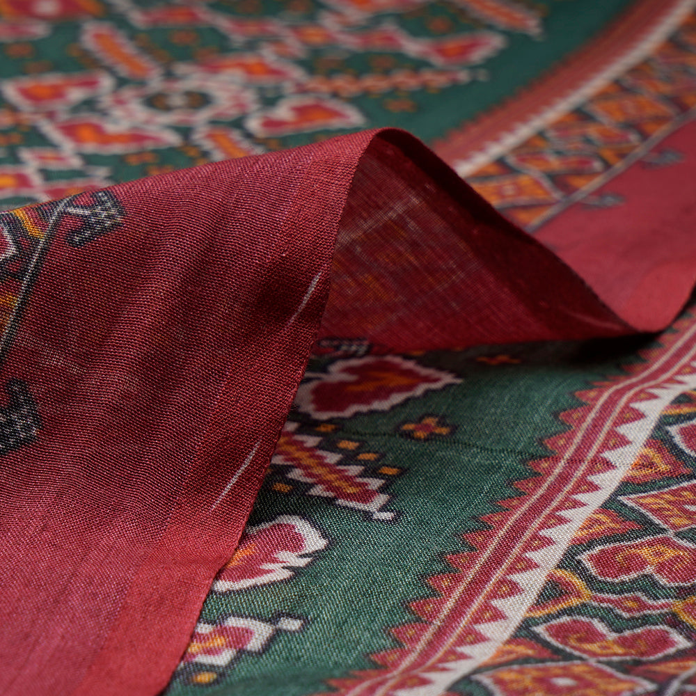 (Pre-Cut 4.80Mtr)Green Color Digital Printed Patola Pattern Tussar Chanderi Fabric