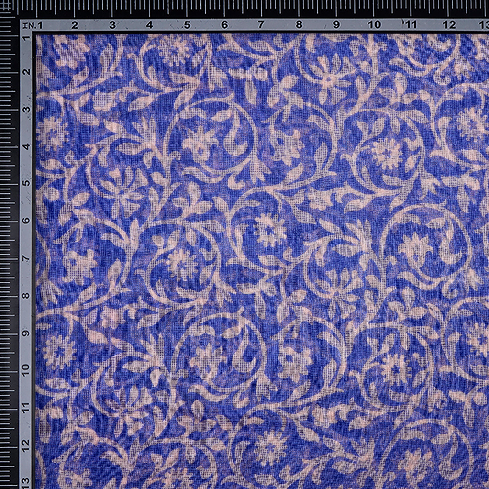 (Pre-Cut 3.00Mtr)Blue-White Floral Pattern Printed Kota Silk Fabric
