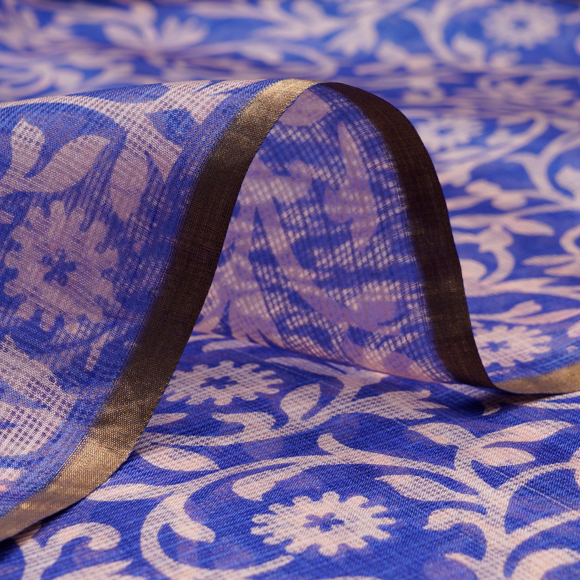 (Pre-Cut 3.00Mtr)Blue-White Floral Pattern Printed Kota Silk Fabric