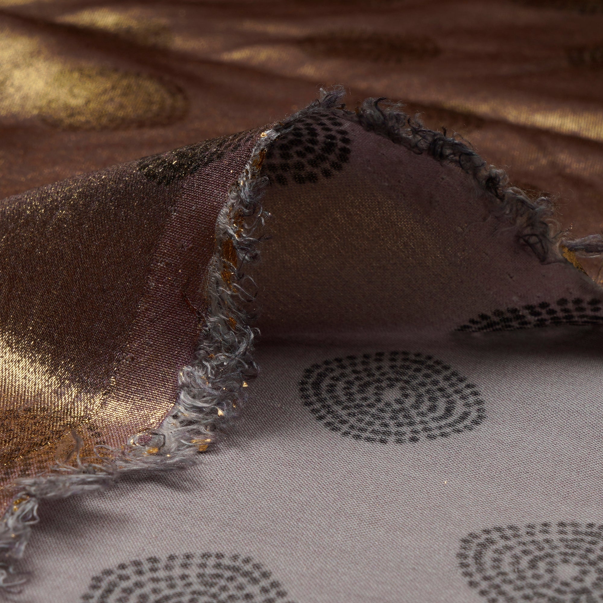 (Pre-Cut 4.70Mtr)Gold-Beige Digital & Foile Printed Bemberg Modal Satin Fabric