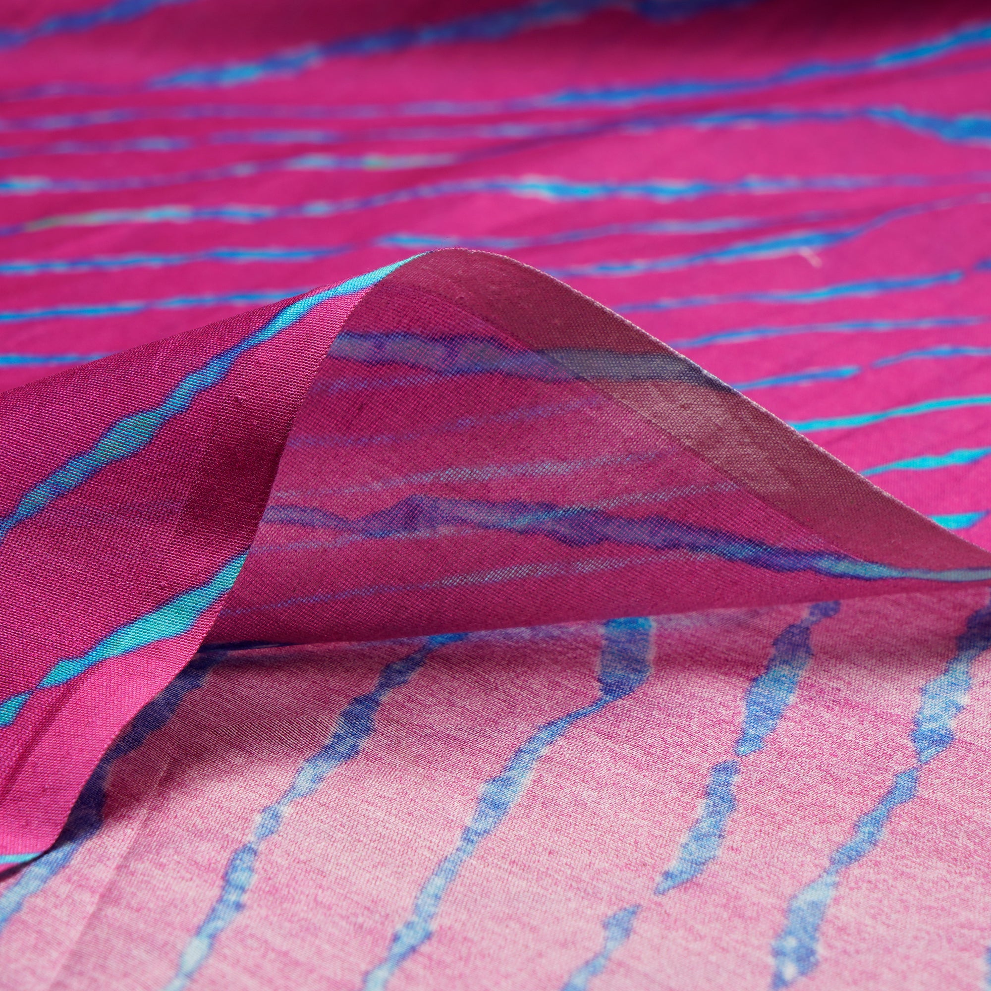 (Pre-Cut 2.40Mtr)Pink-Blue Lehariya Pattern Digital Print Chanderi Fabric