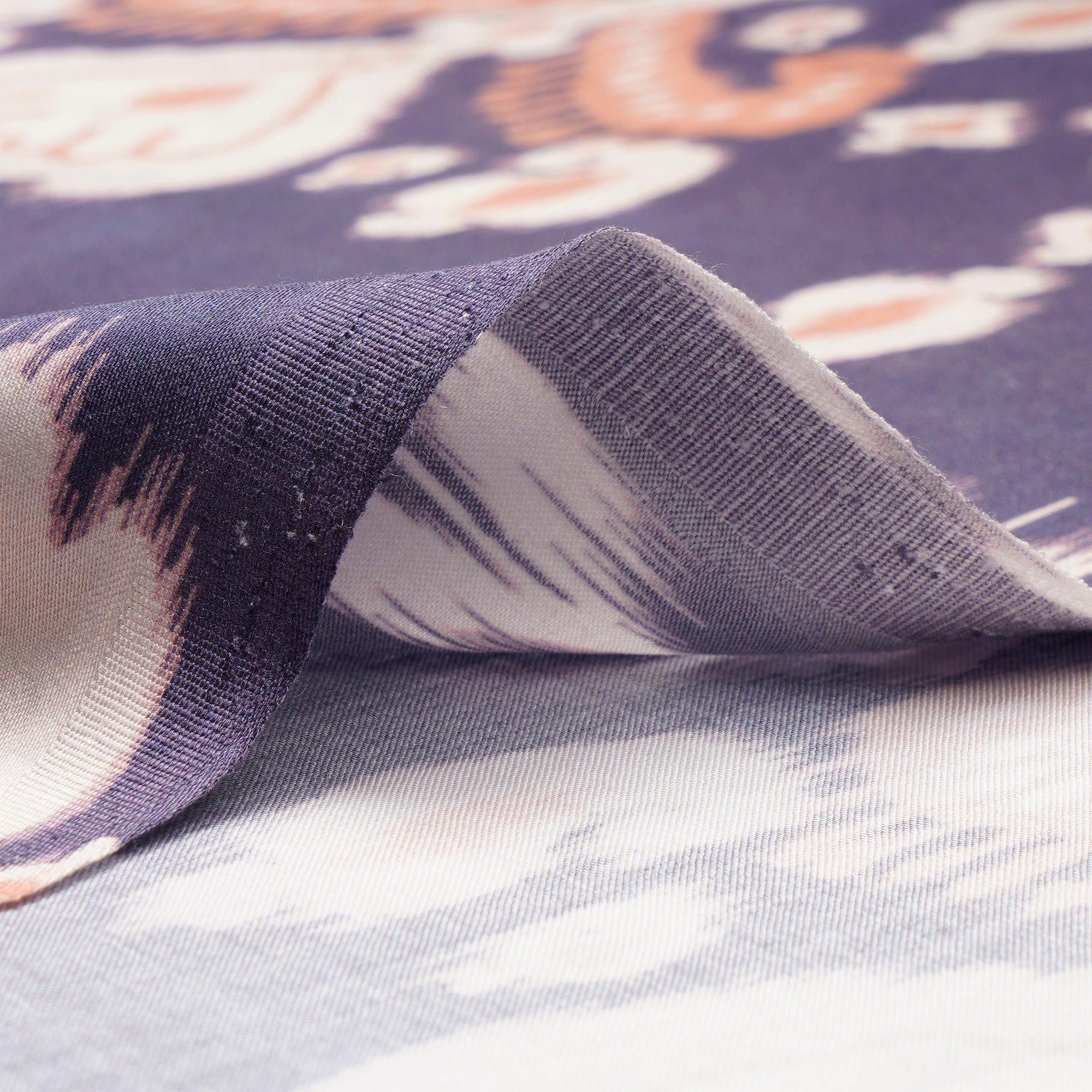 (Pre-Cut 3.00Mtr)Voilet-Beige Ikat Pattern Digital Pattern Maple Silk Fabric