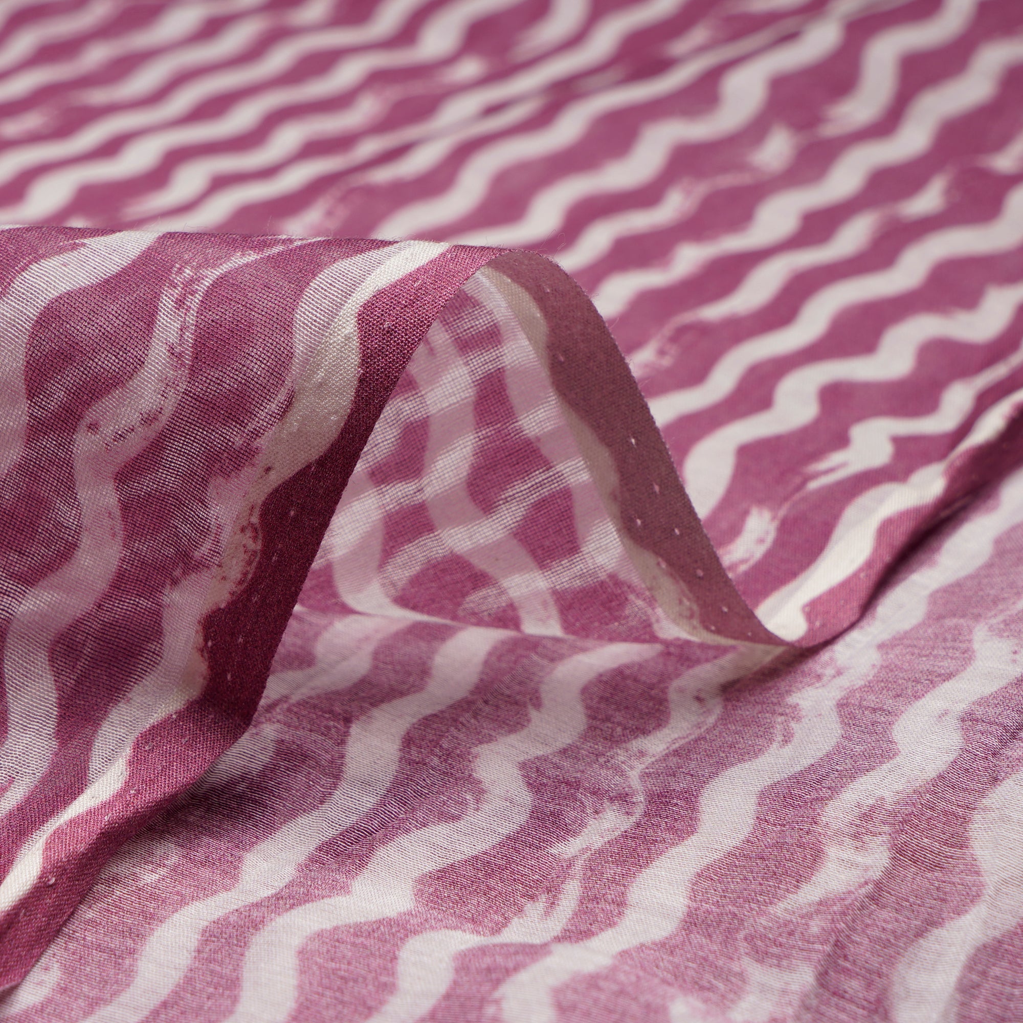 (Pre-Cut 2.90Mtr)Heather Rose-White Stripe Pattern Digital Print Fine Chanderi Fabric