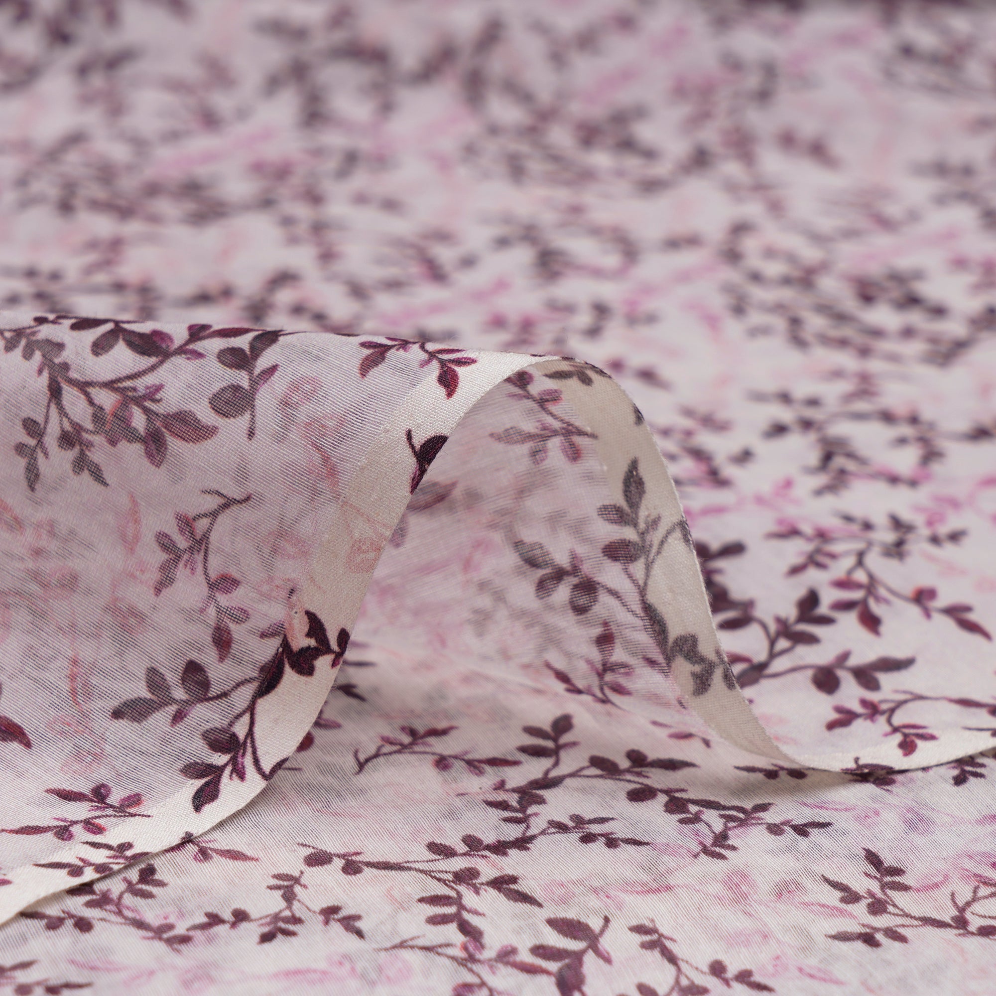 (Pre-Cut 3.40Mtr)Off-White Leaf Pattern Digital Print Fine Mul Chanderi Fabric