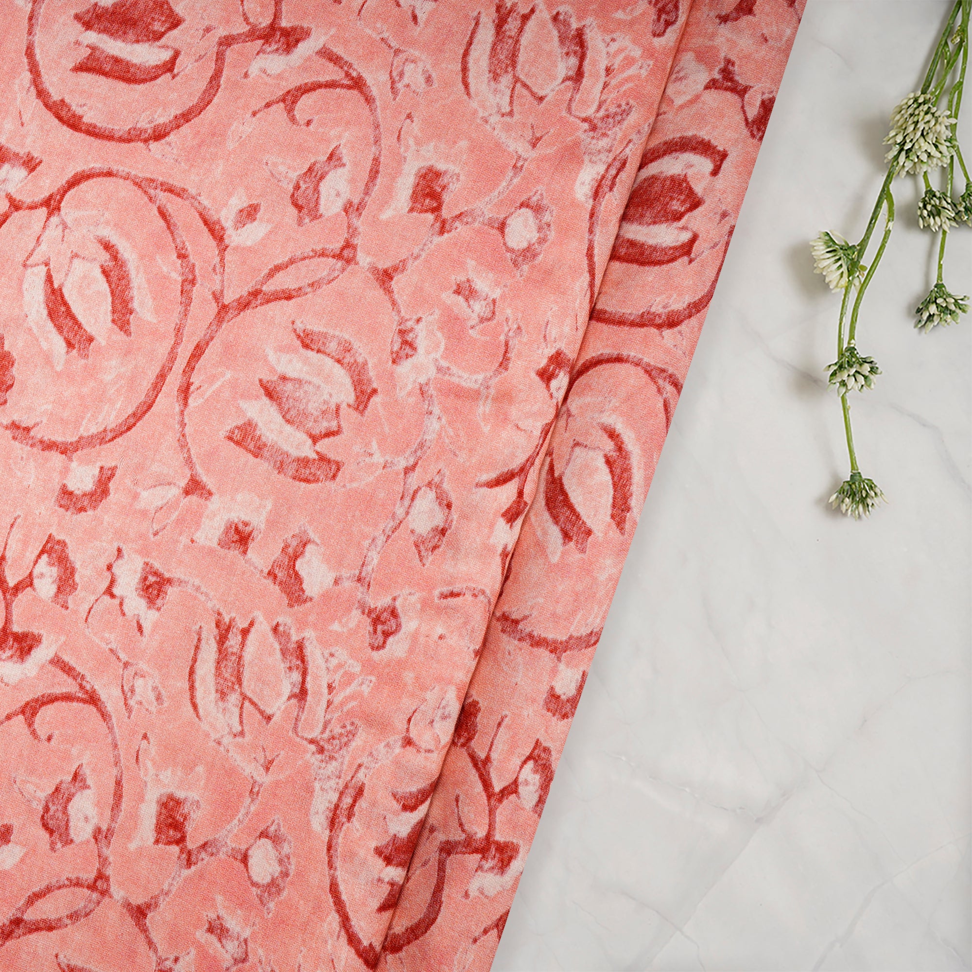 (Pre-Cut 4.30Mtr)Apricot Blush Floral Pattern Digital Print Chanderi Fabric