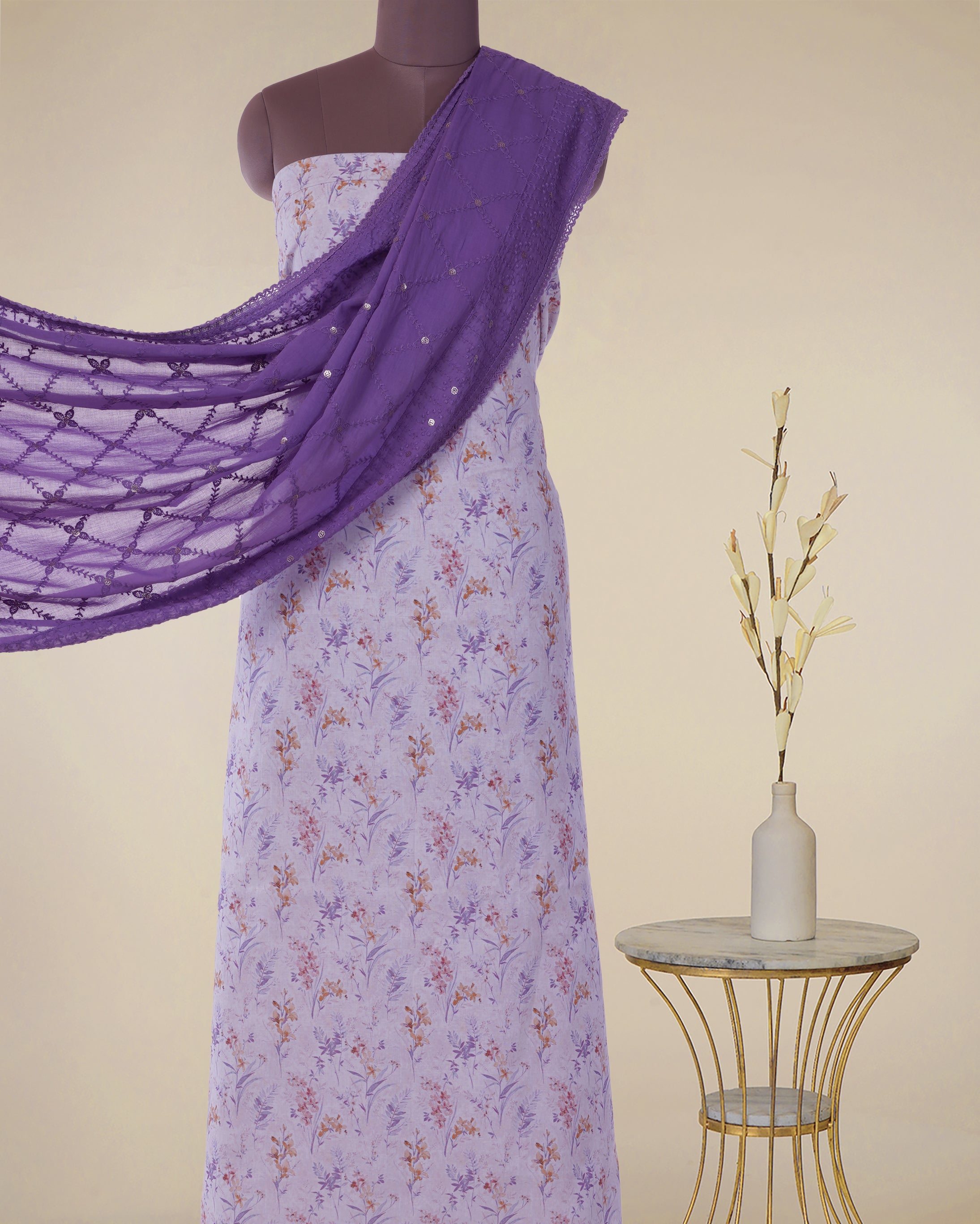 Lavender Floral Pattern Digital Print Cotton Linen Unstitched Suit Set with Embroidered Dupatta (Top & Dupatta)