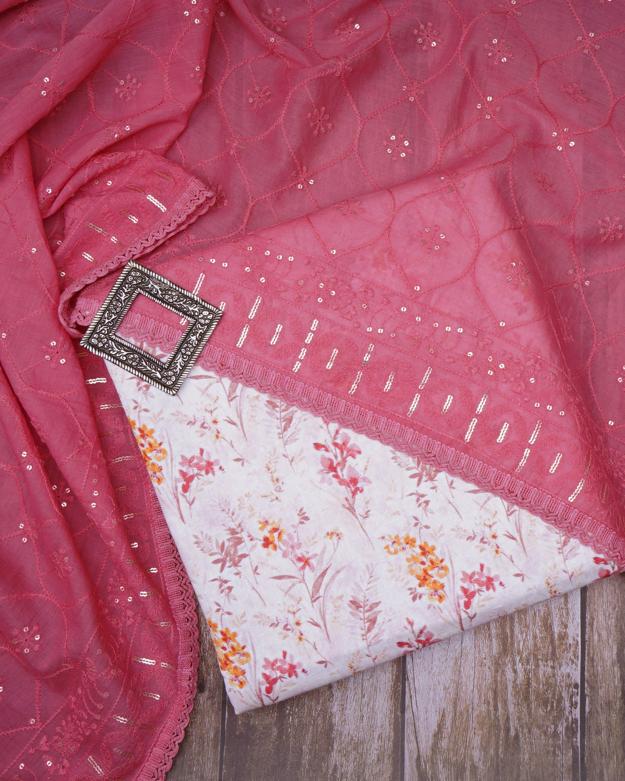 Pink-Yellow Floral Pattern Cotton Linen Unstitched Suit Set with Embroidered Dupatta (Top & Dupatta)