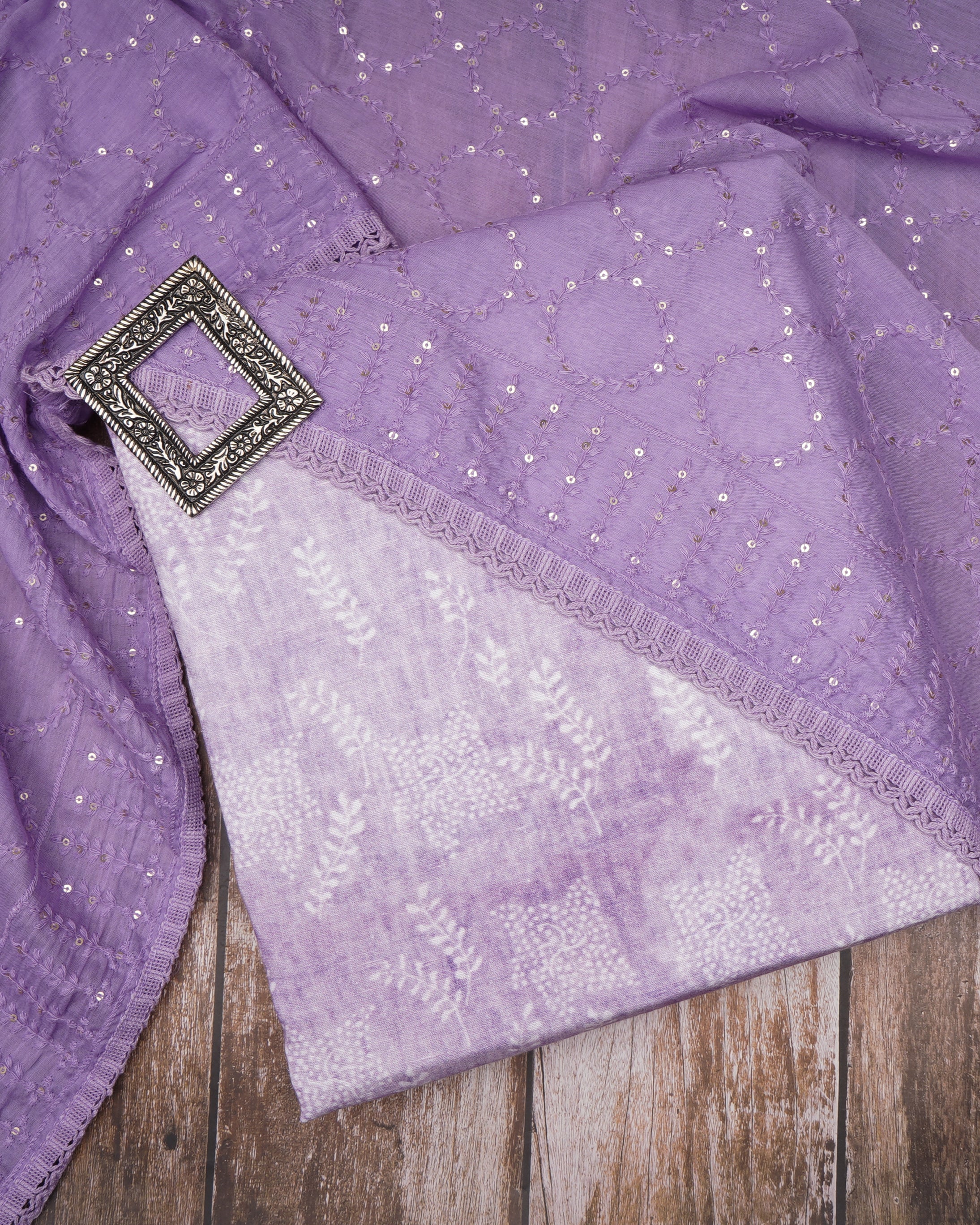 Lavender-White Floral Pattern Cotton Linen Unstitched Suit Set with Embroidered Dupatta (Top & Dupatta)