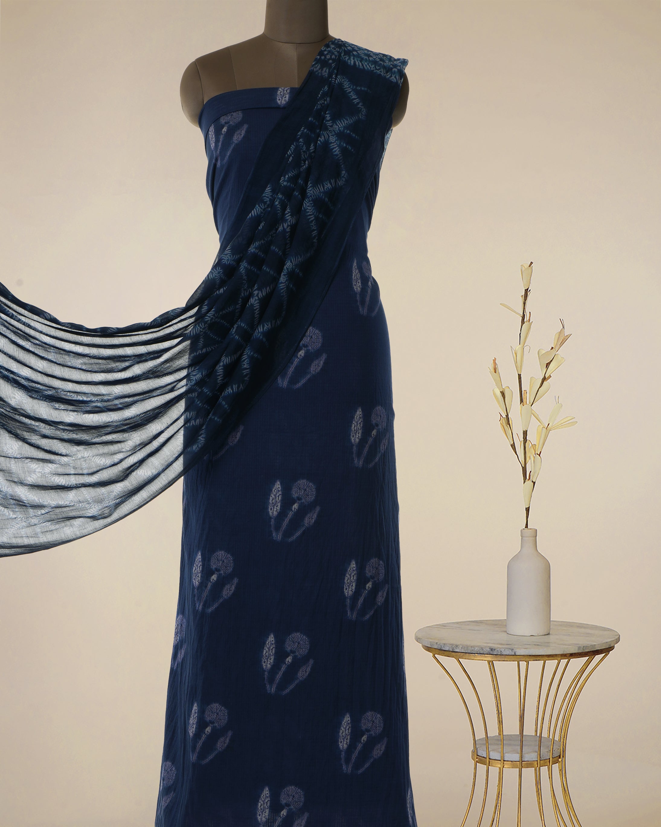 Navy Blue Floral Pattern Digital Print Fancy Cotton Unstitched Suit Set (Top & Dupatta)