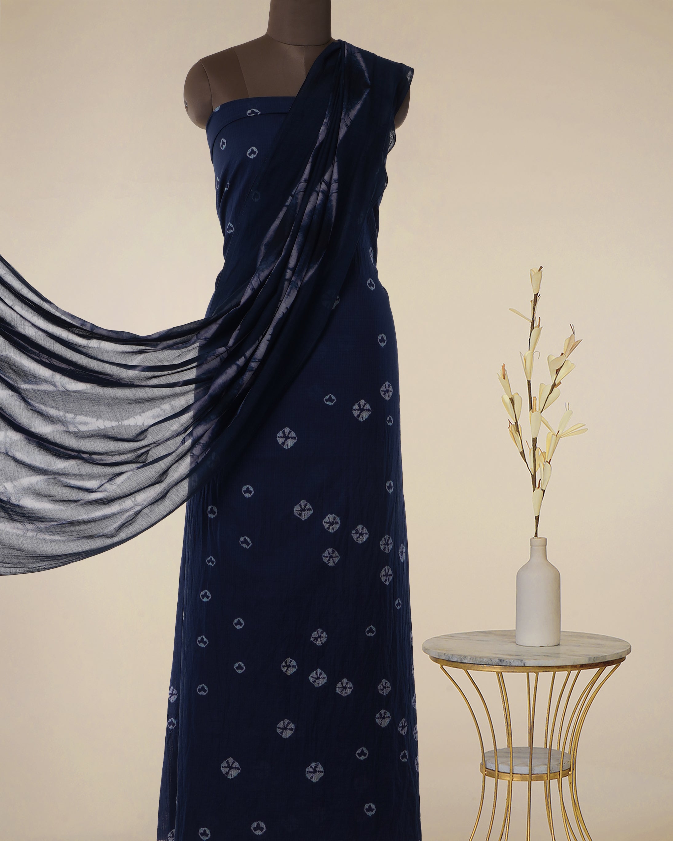 Navy Blue Bandhani Pattern Digital Print Fancy Cotton Unstitched Suit Set (Top & Dupatta)