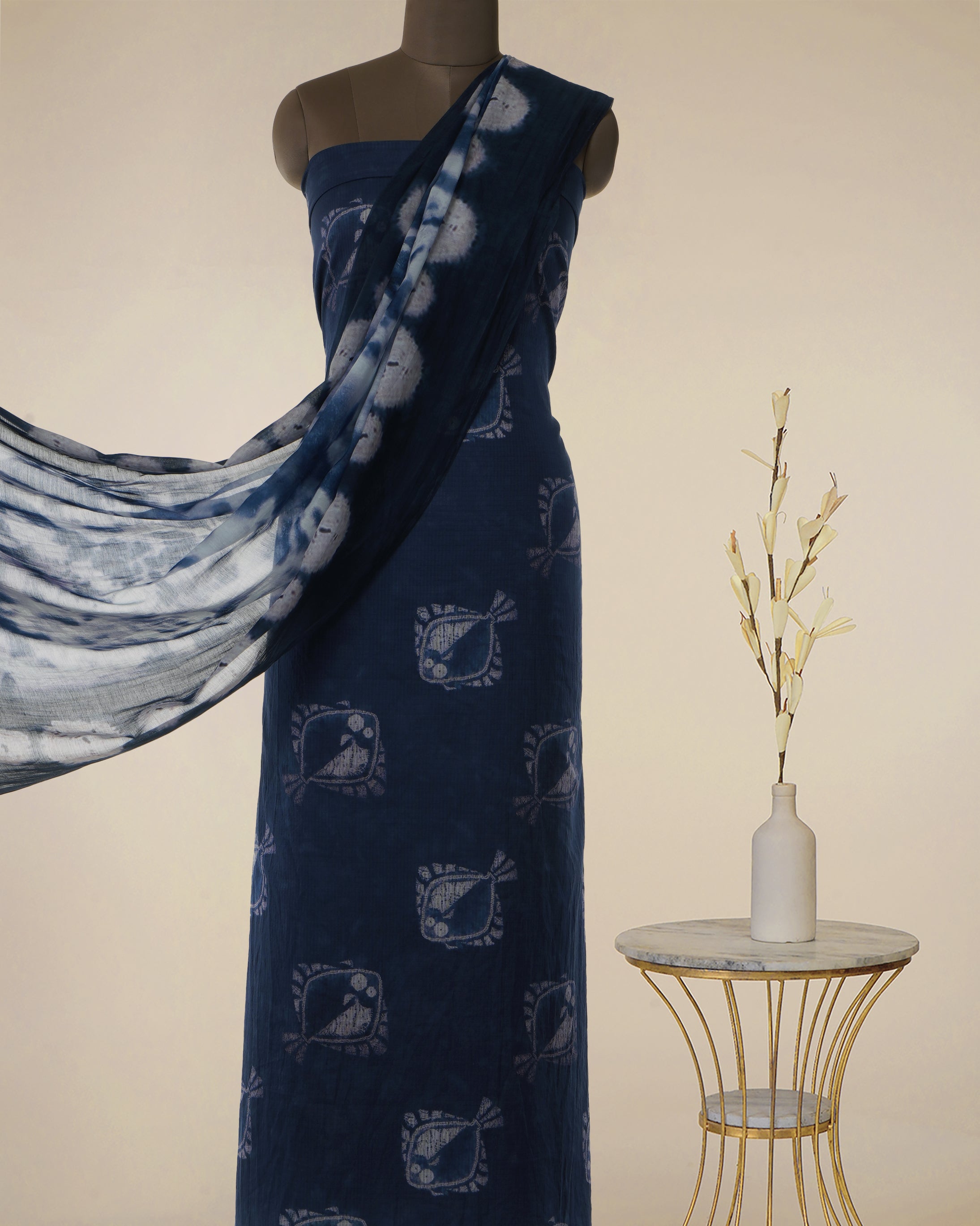 Navy Blue Motif Pattern Digital Print Fancy Cotton Unstitched Suit Set (Top & Dupatta)