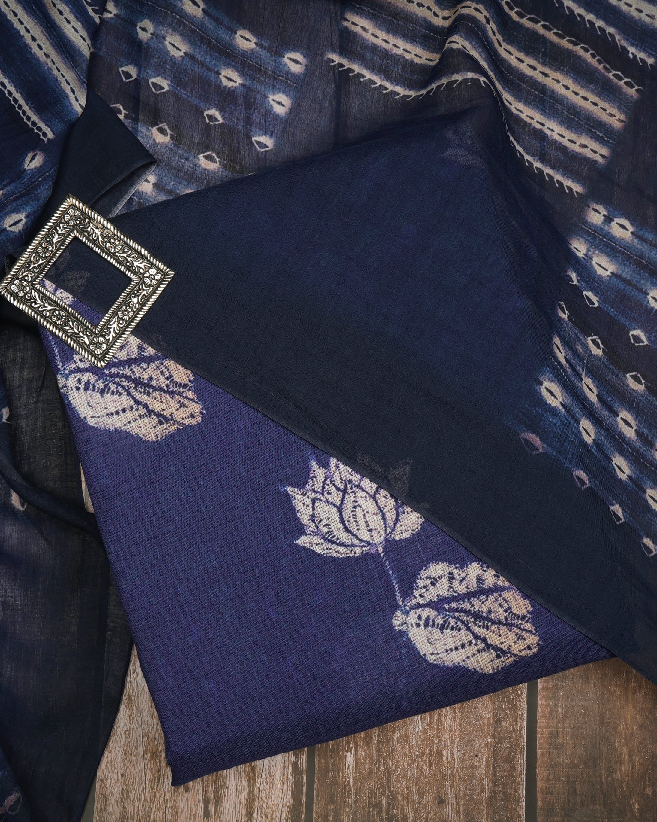 Navy Blue Floral Pattern Digital Print Fancy Cotton Unstitched Suit Set (Top & Dupatta)