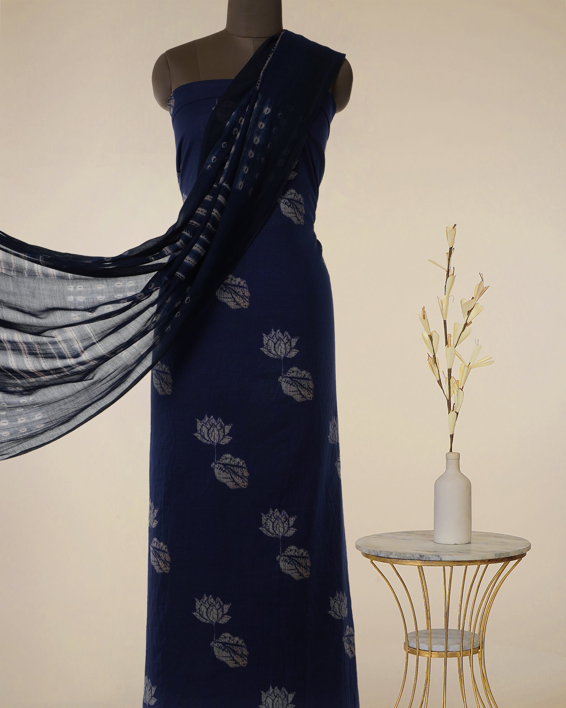 Navy Blue Floral Pattern Digital Print Fancy Cotton Unstitched Suit Set (Top & Dupatta)