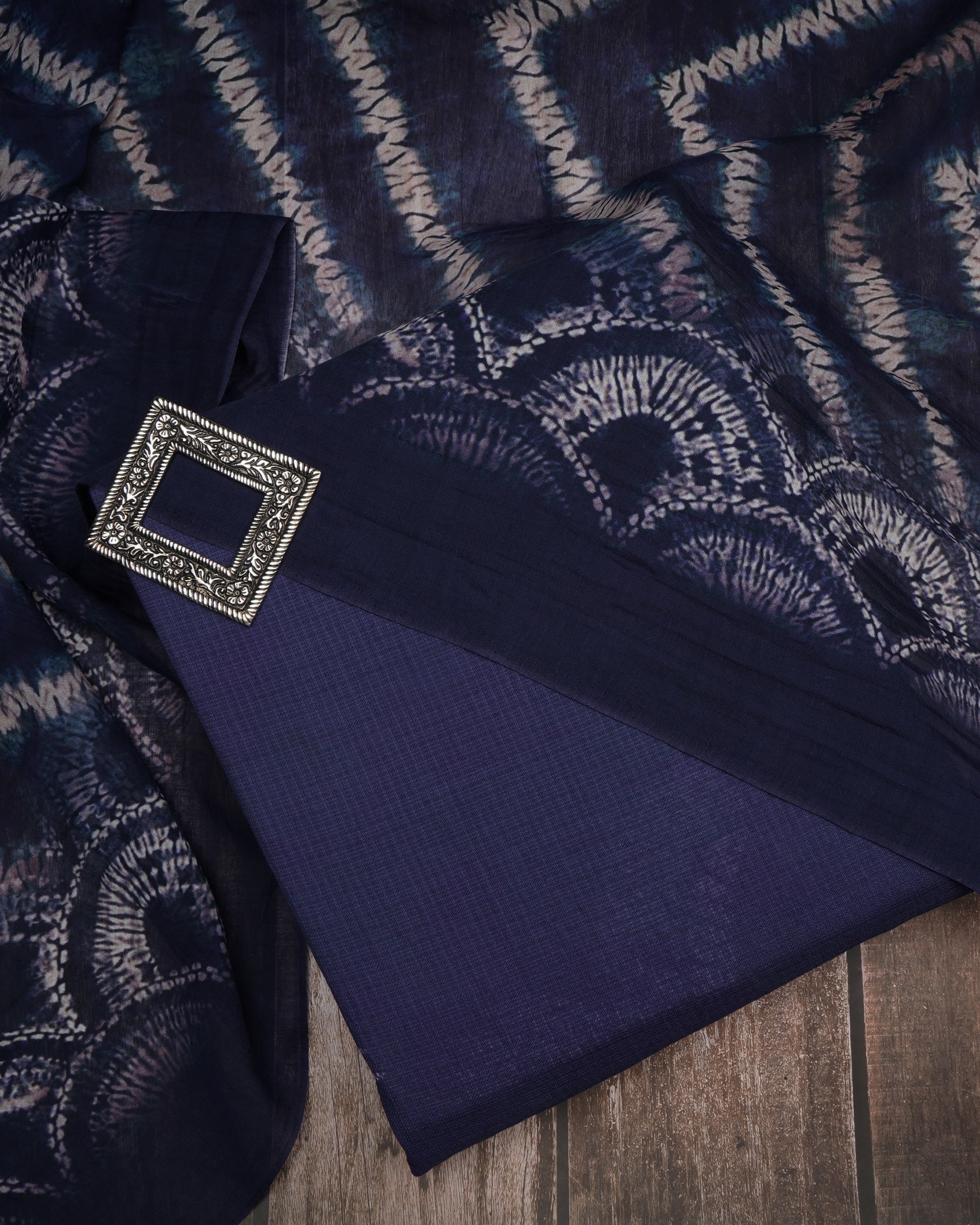 Navy Blue Floral Pattern Digital Print Fancy Cotton Unstitched Suit Set (Top & Dupatta)