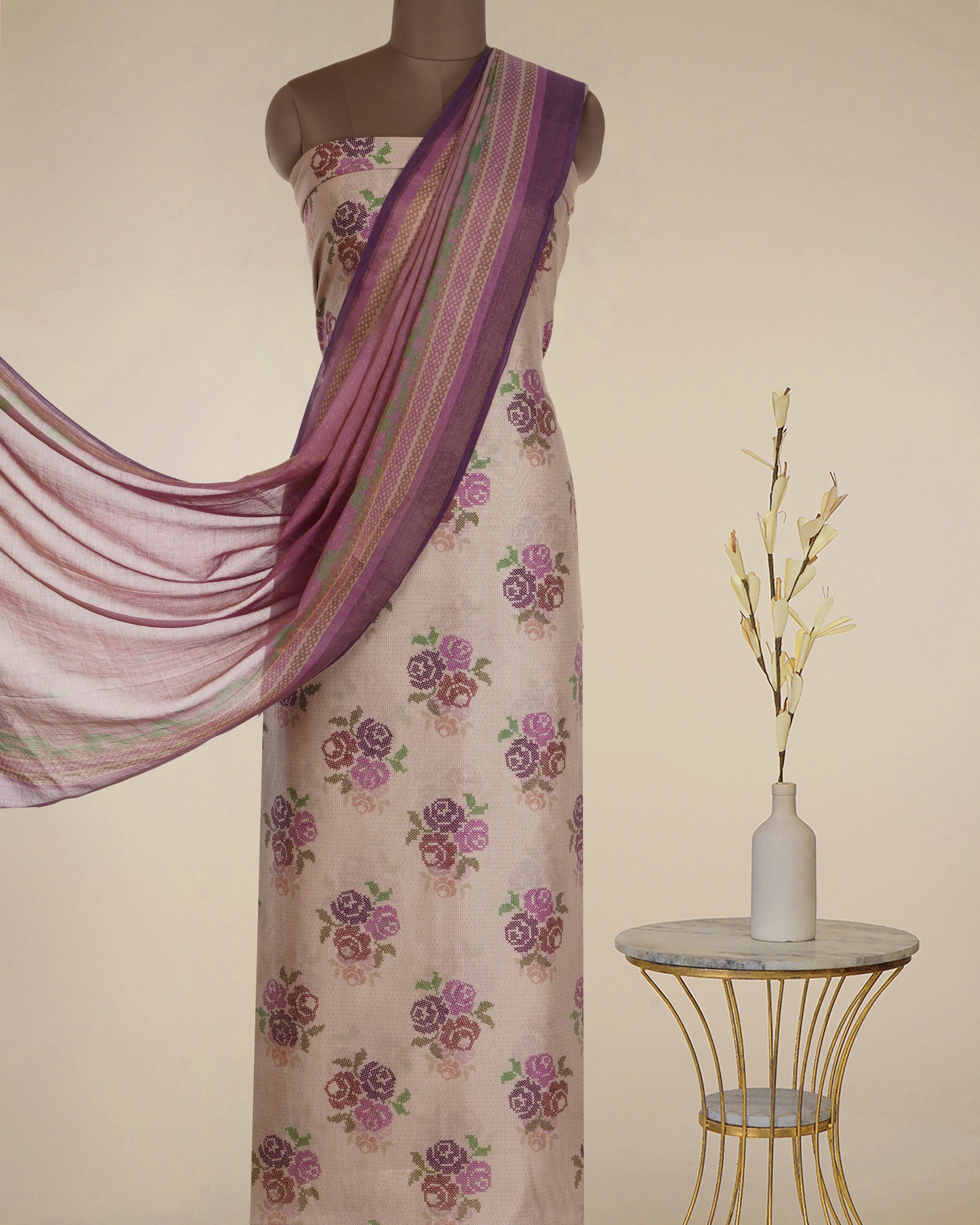 Baigi-Pink Color Floral Pattern Digital Printed Chanderi Unstitched Suit Set (Top & Dupatta)