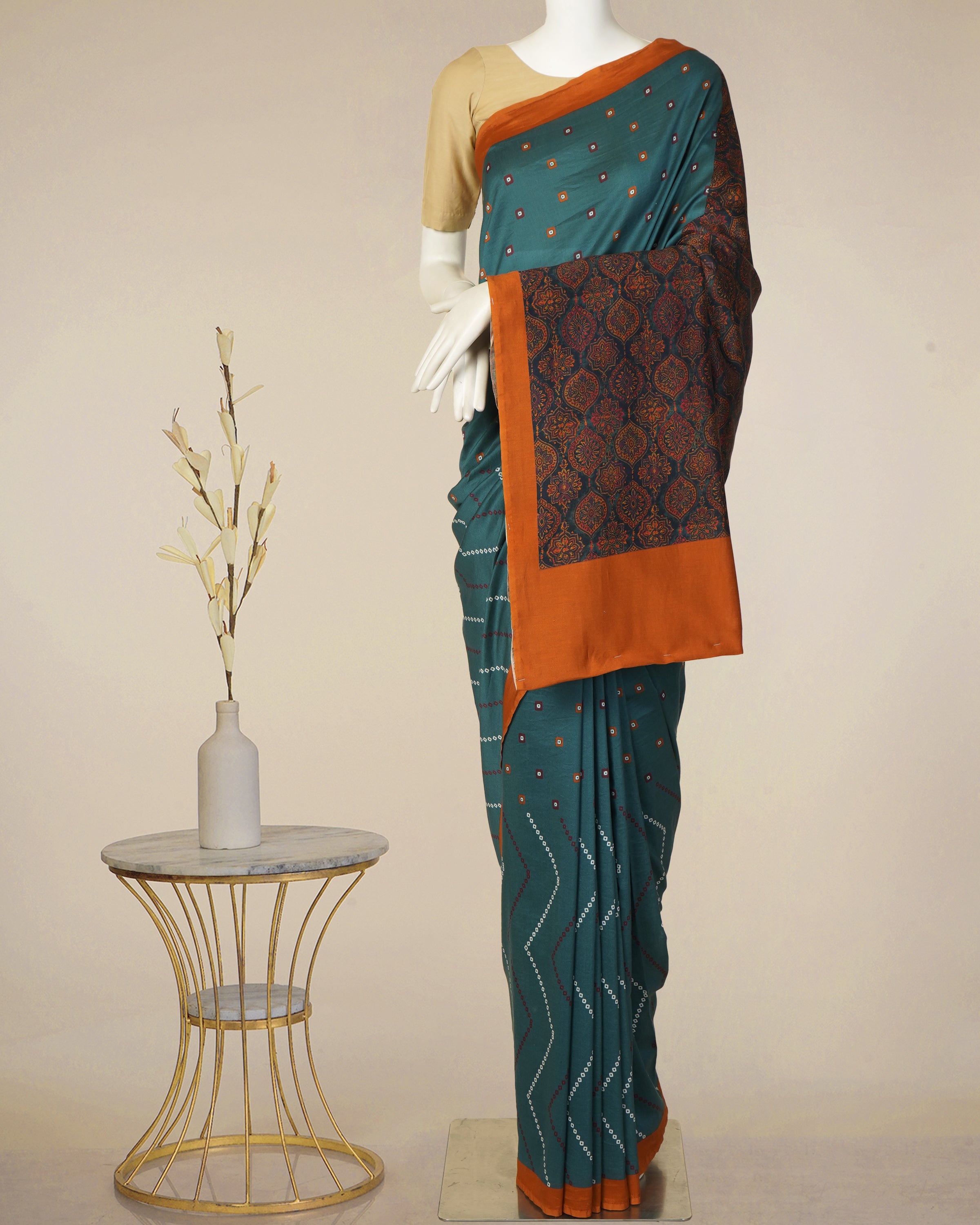 Teal Blue Color Digital Printed Bandhani Pattern Pure Chanderi Saree With Blouse Piece