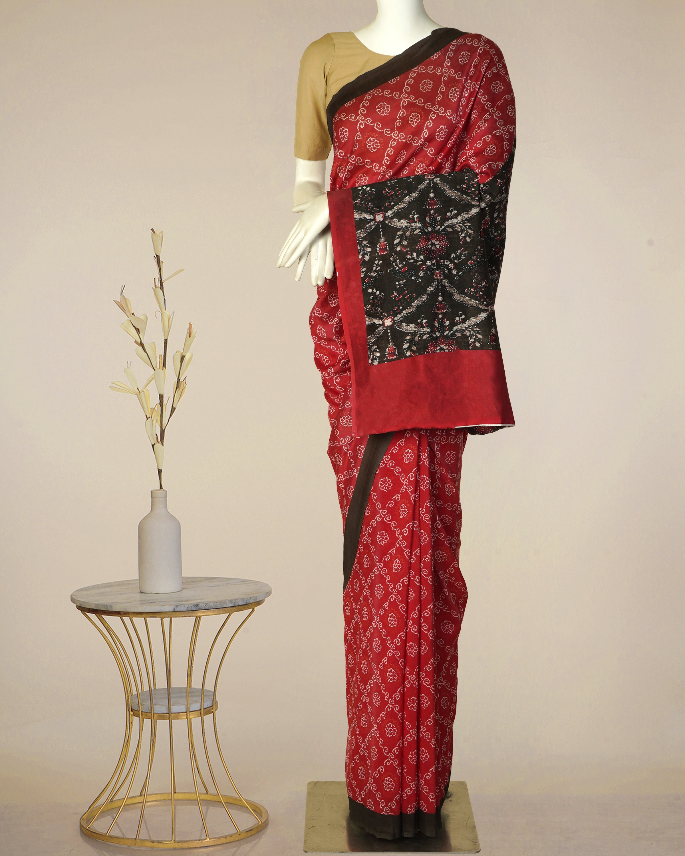 Red Color Digital Printed Bandhani Pattern Pure Chanderi Saree With Blouse Piece