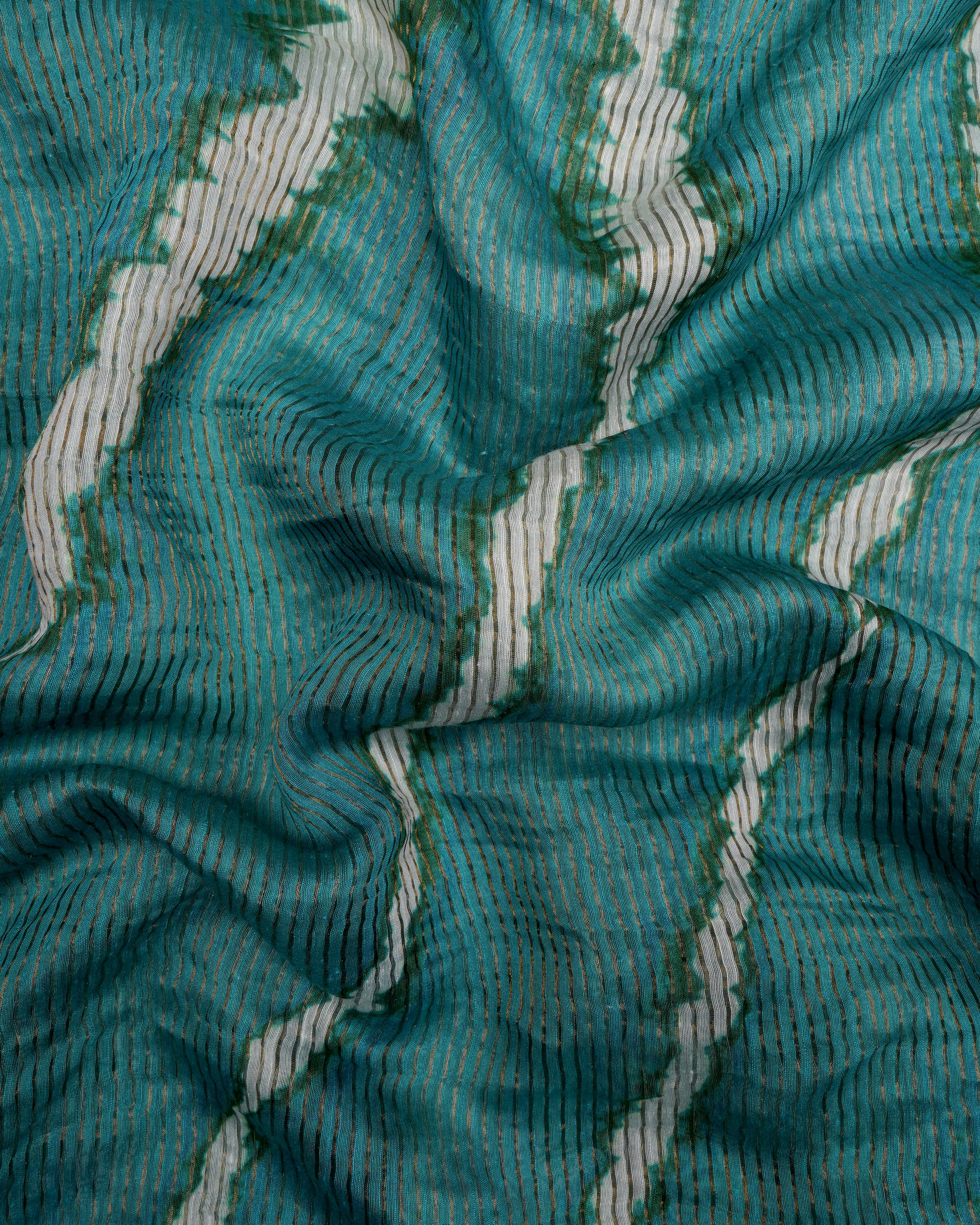 Viridian Green Leheriya Pattern Digital Printed Fancy Chanderi Saree