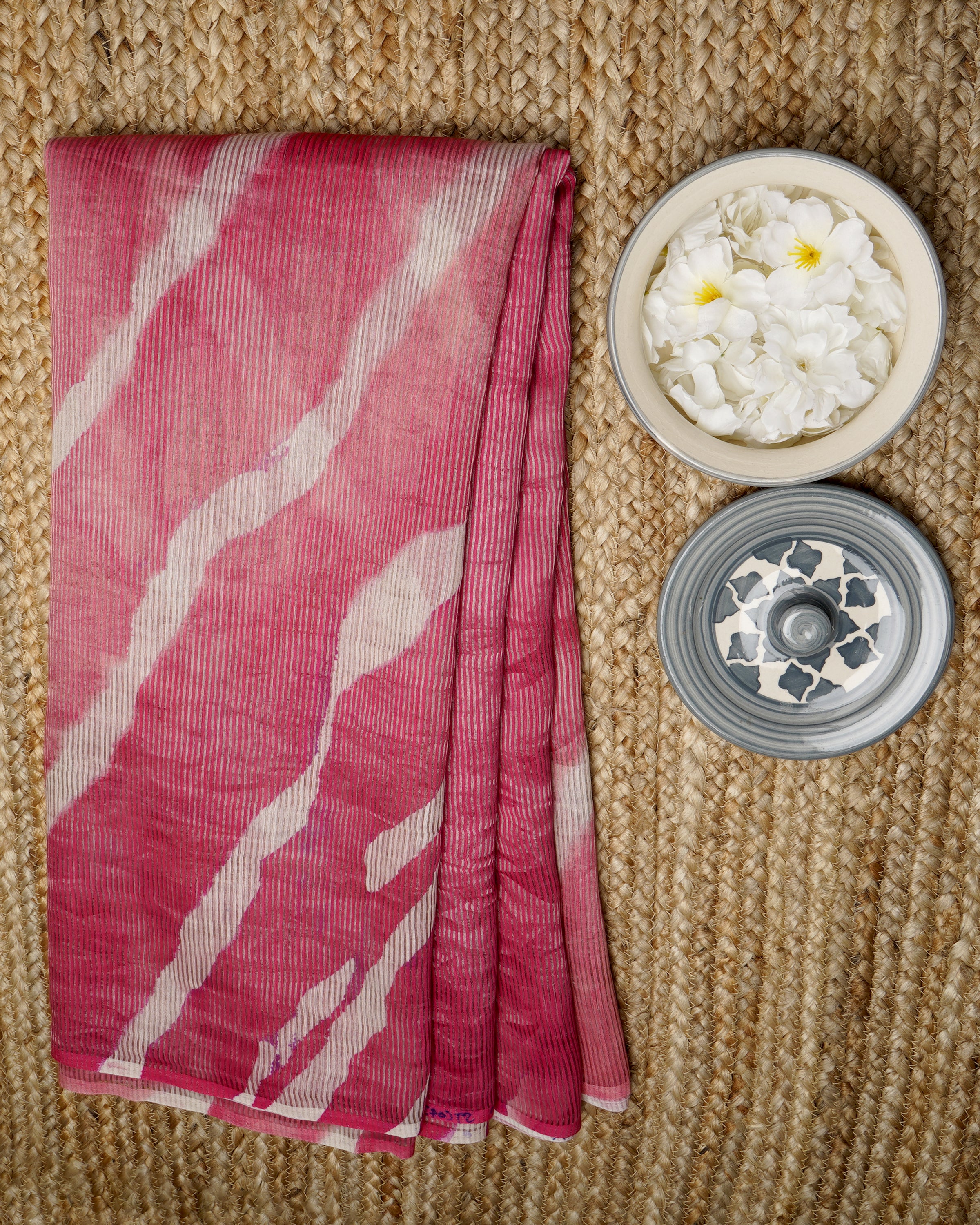 Pink-White Leheriya Pattern Digital Printed Fancy Chanderi Saree