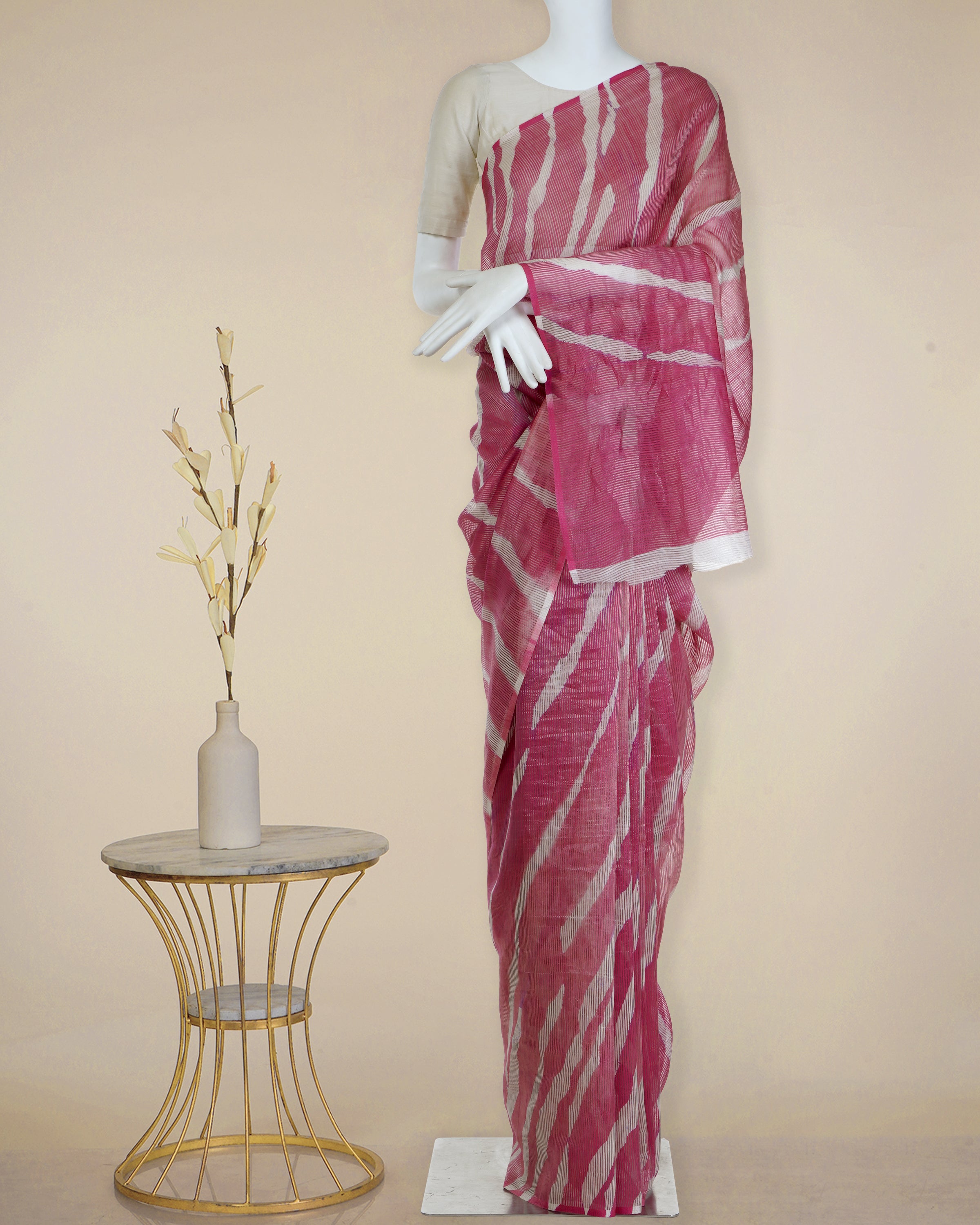 Pink-White Leheriya Pattern Digital Printed Fancy Chanderi Saree