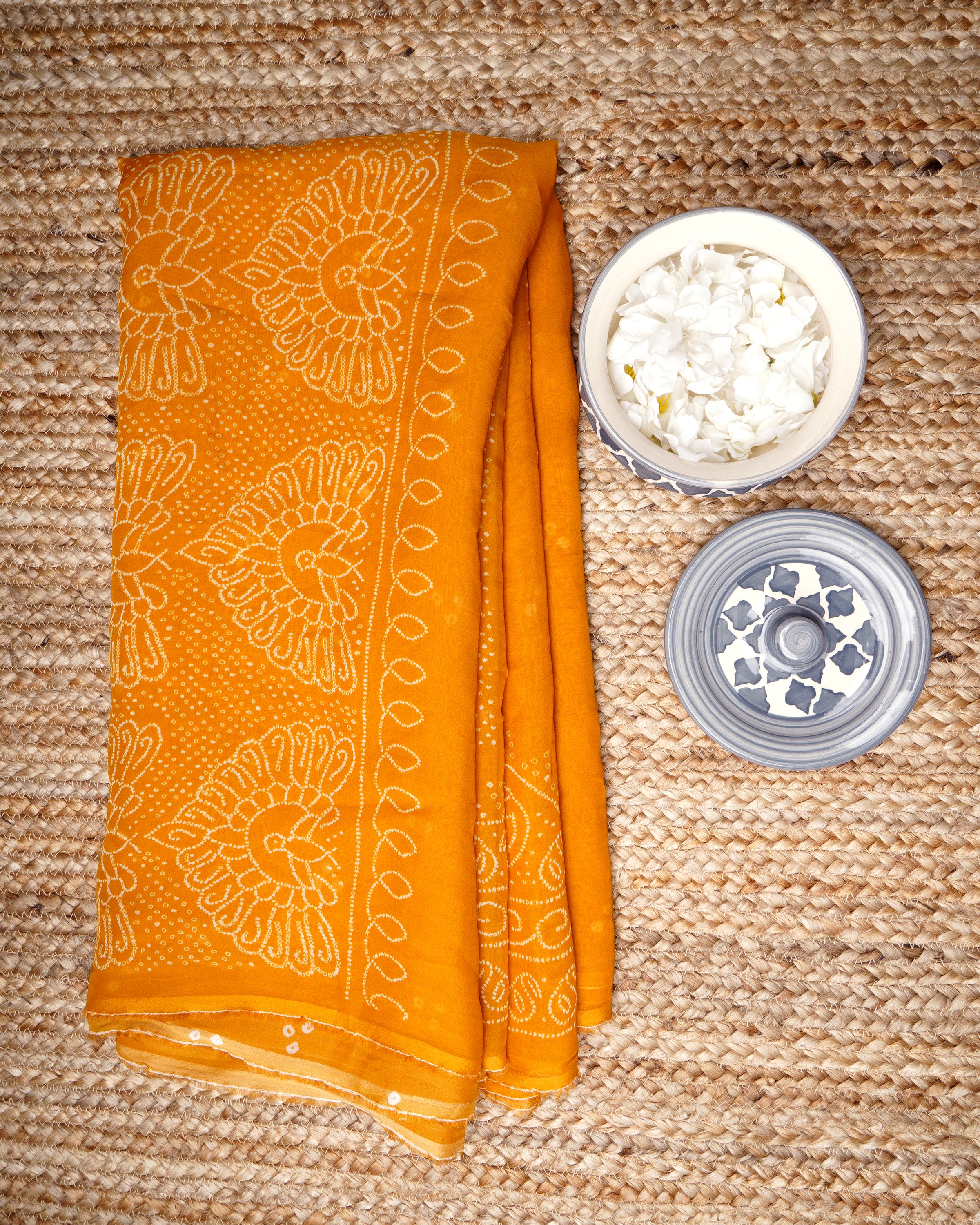 Mustard Yellow Digital Printed Bandhni Pattern Viscose Organza Saree With Blouse Piece
