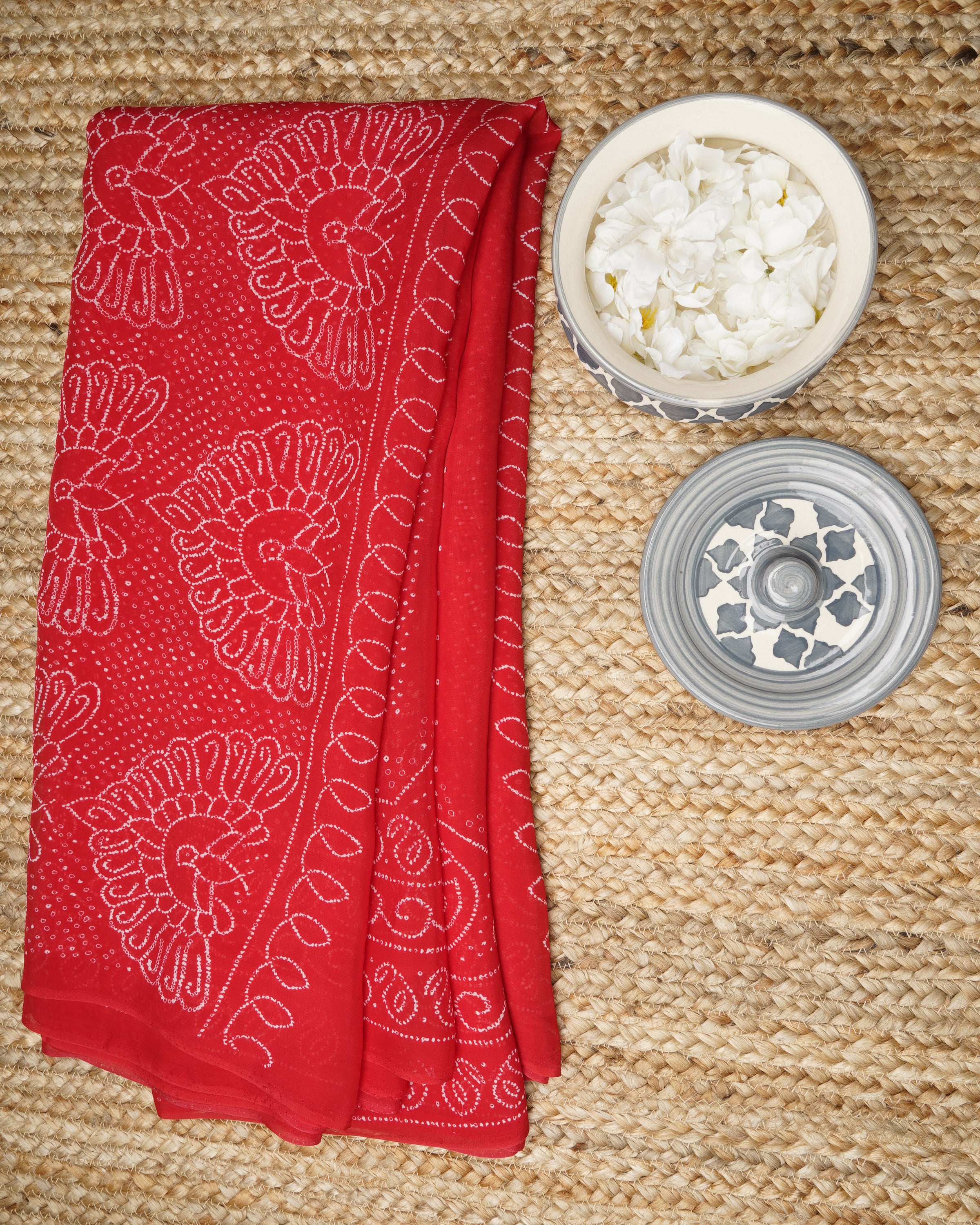 Red Digital Printed Bandhni Pattern Viscose Organza Saree With Blouse Piece