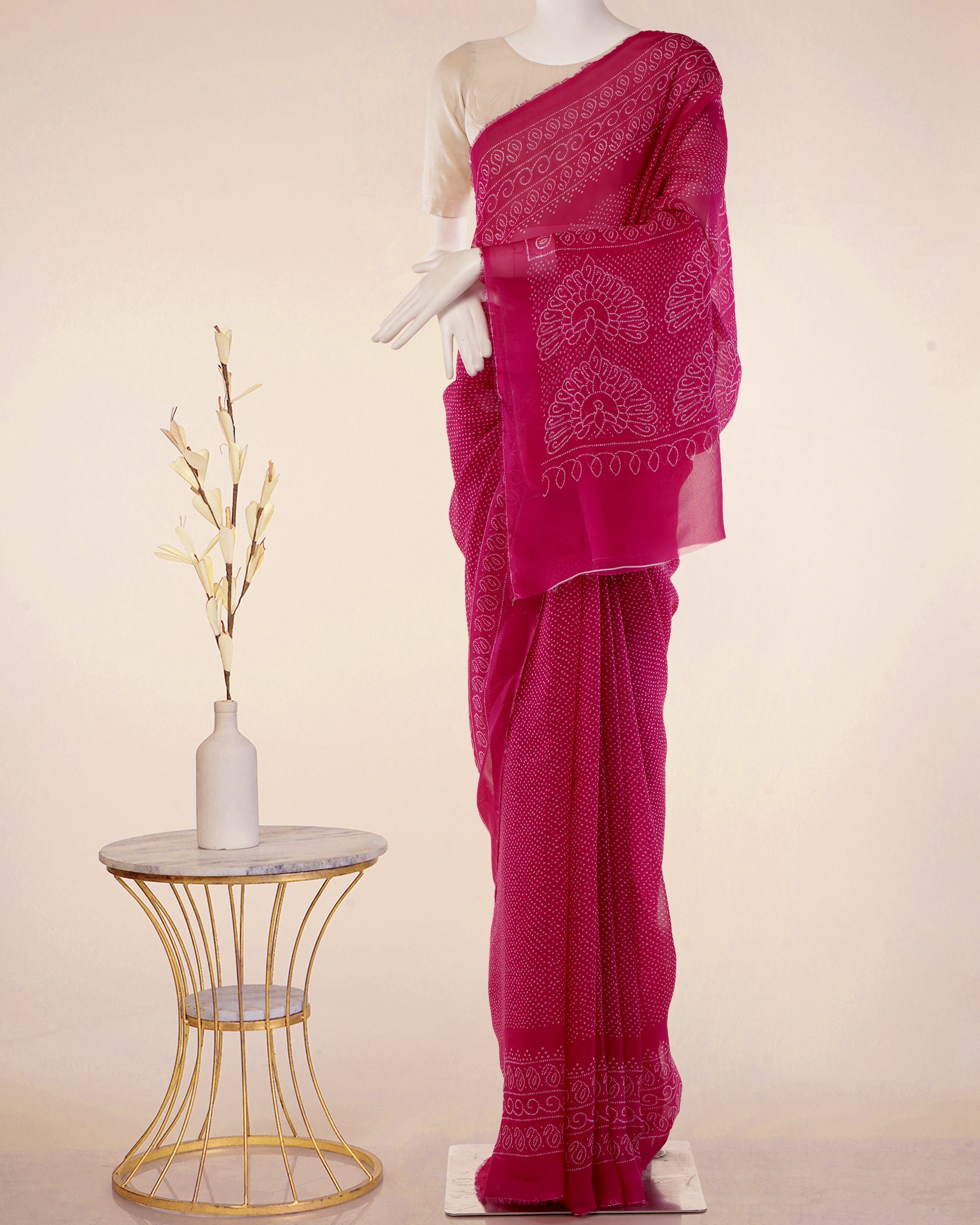 Pink Digital Printed Bandhni Pattern Viscose Organza Saree With Blouse Piece
