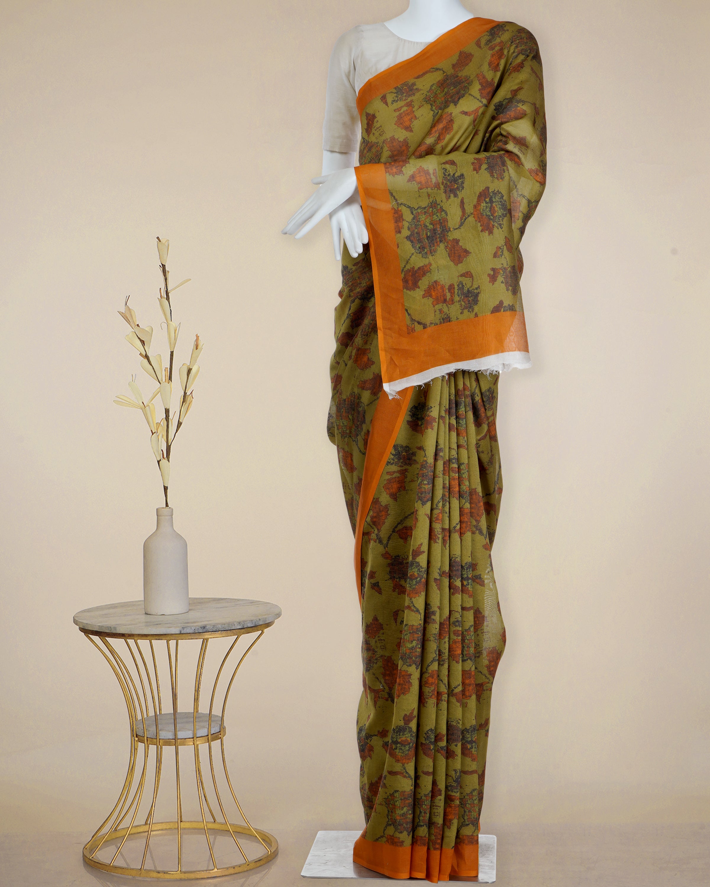 Orange-Green Digital Printed Floral Pattern Striped Chanderi Saree with Blouse Piece
