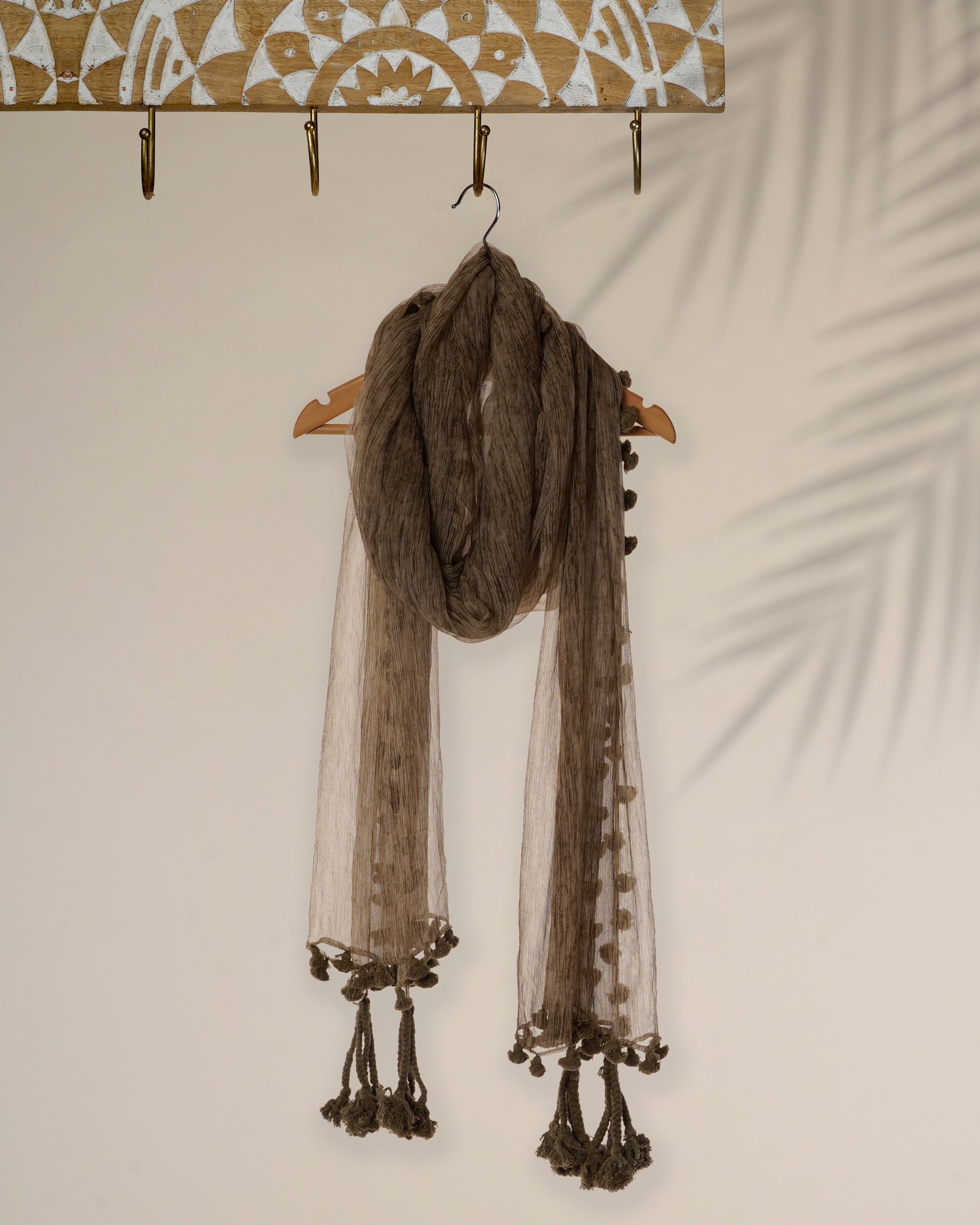 Grey Green Hand Painted Chiffon Silk Stole with Tassels