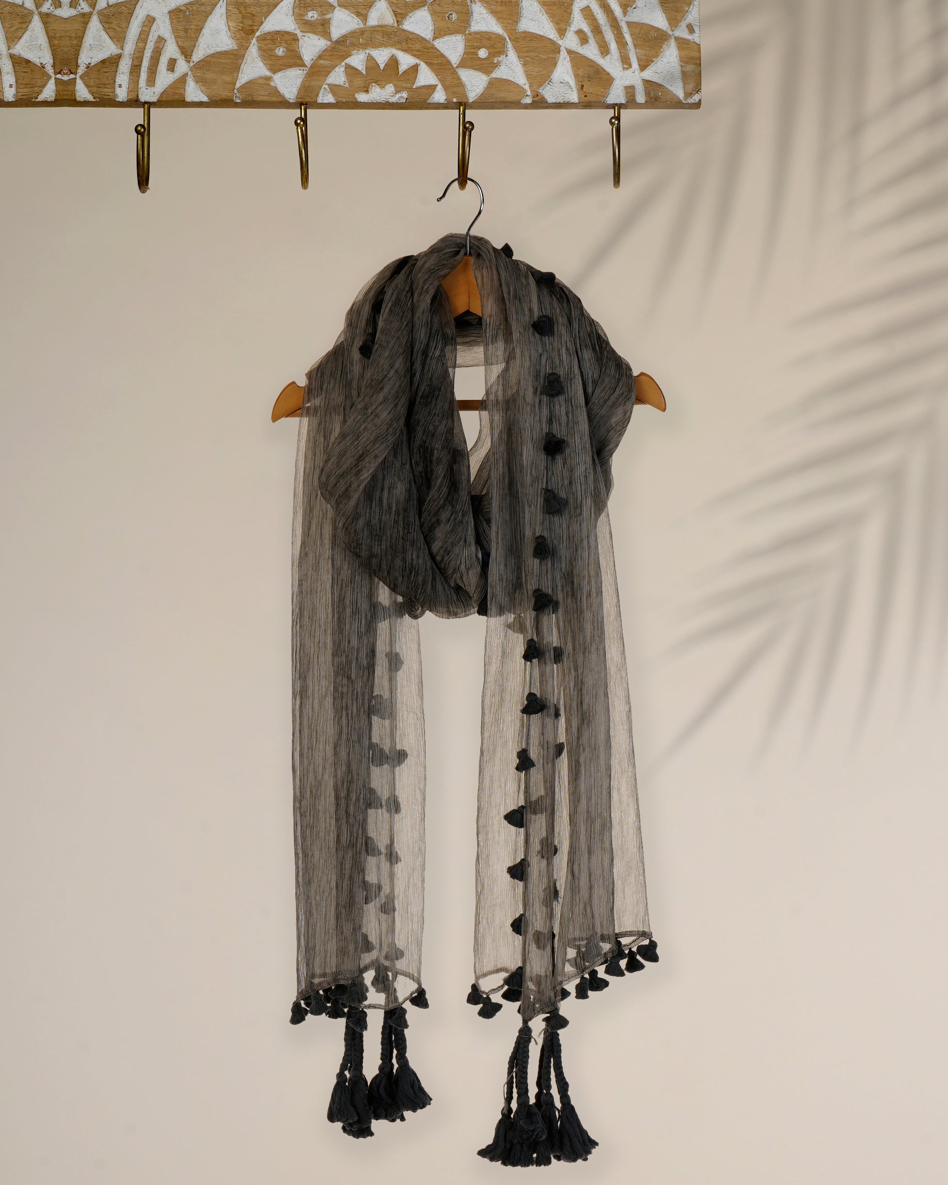 Neutral Grey Hand Painted Chiffon Silk Stole with Tassels