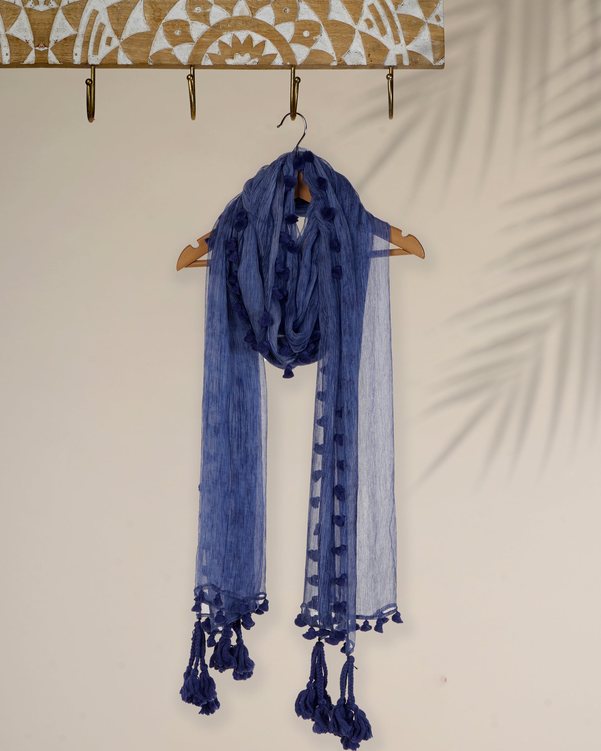 Strong Blue Hand Painted Chiffon Silk Stole with Tassels