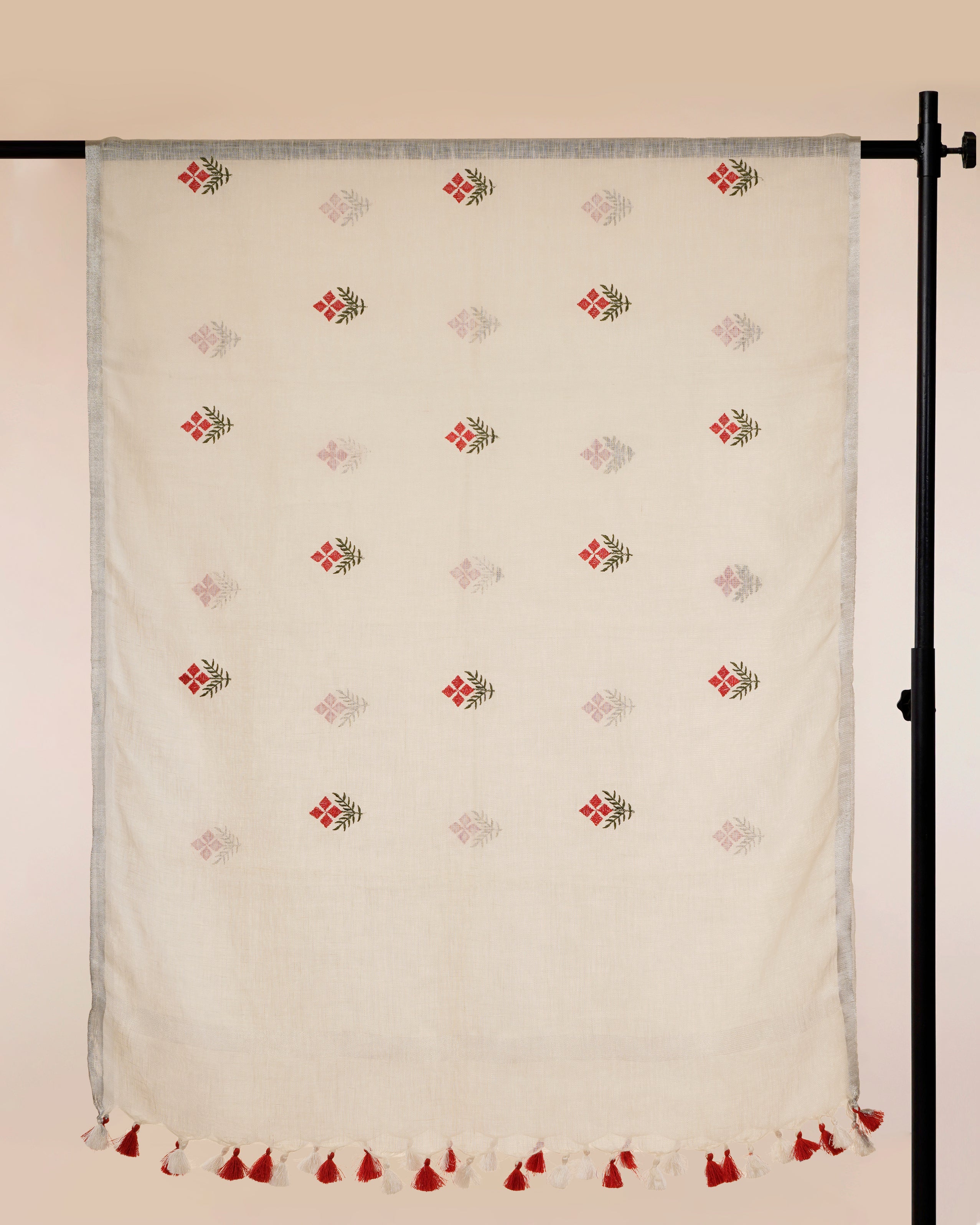 Off White Embroidered Premium Linen Dupatta with Tassels