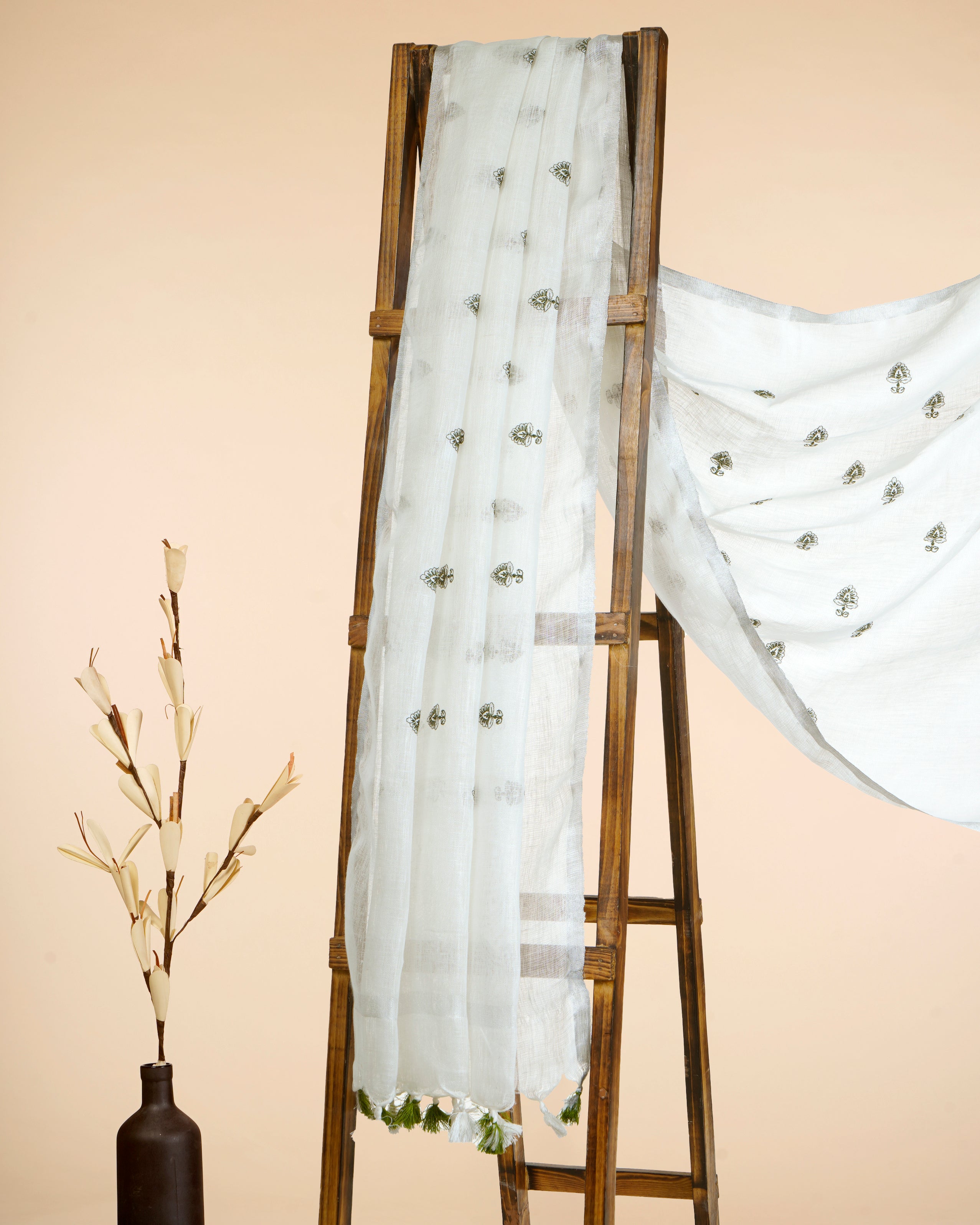 Off White Embroidered Premium Linen Dupatta with Tassels