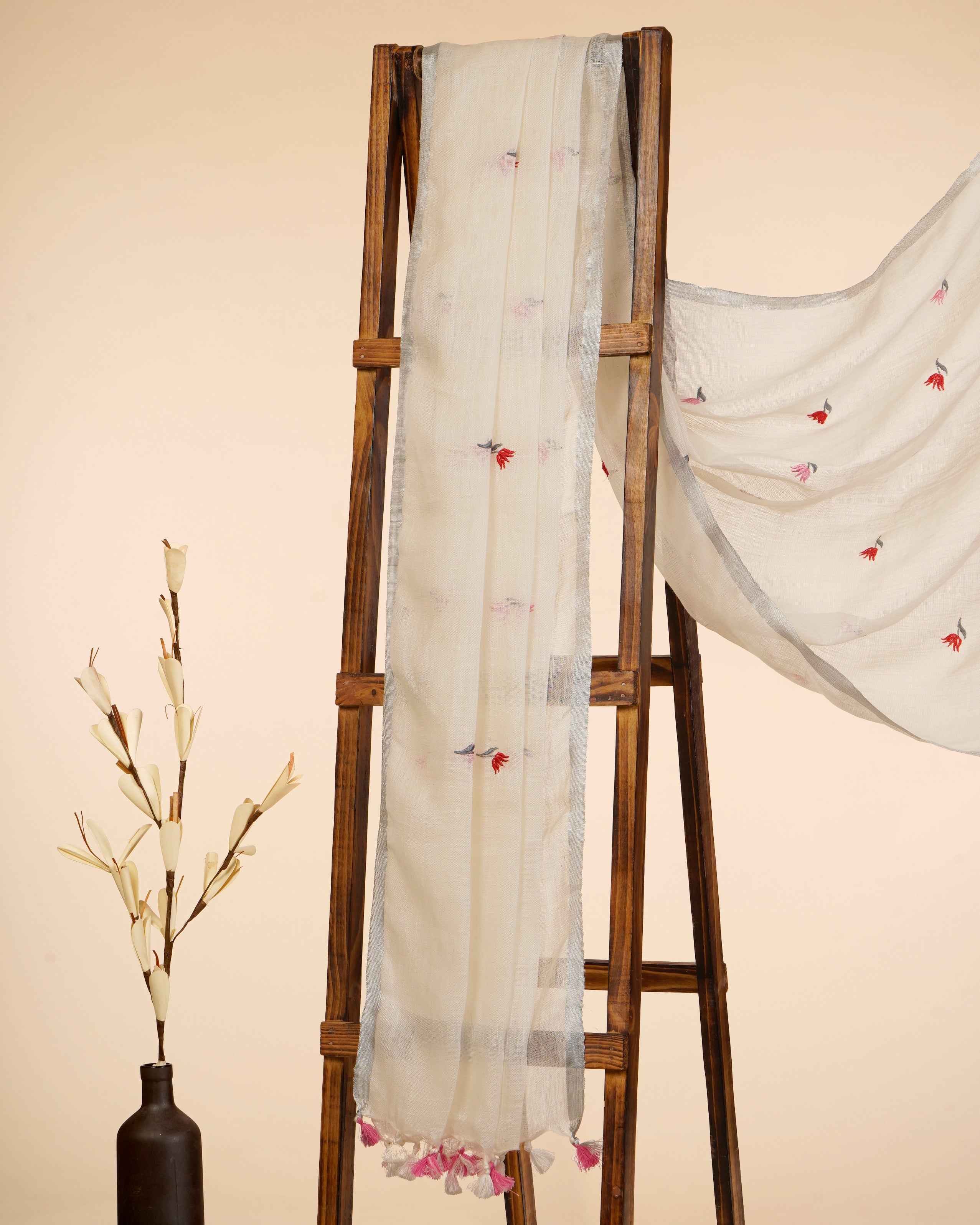 Off White Embroidered Premium Linen Dupatta with Tassels