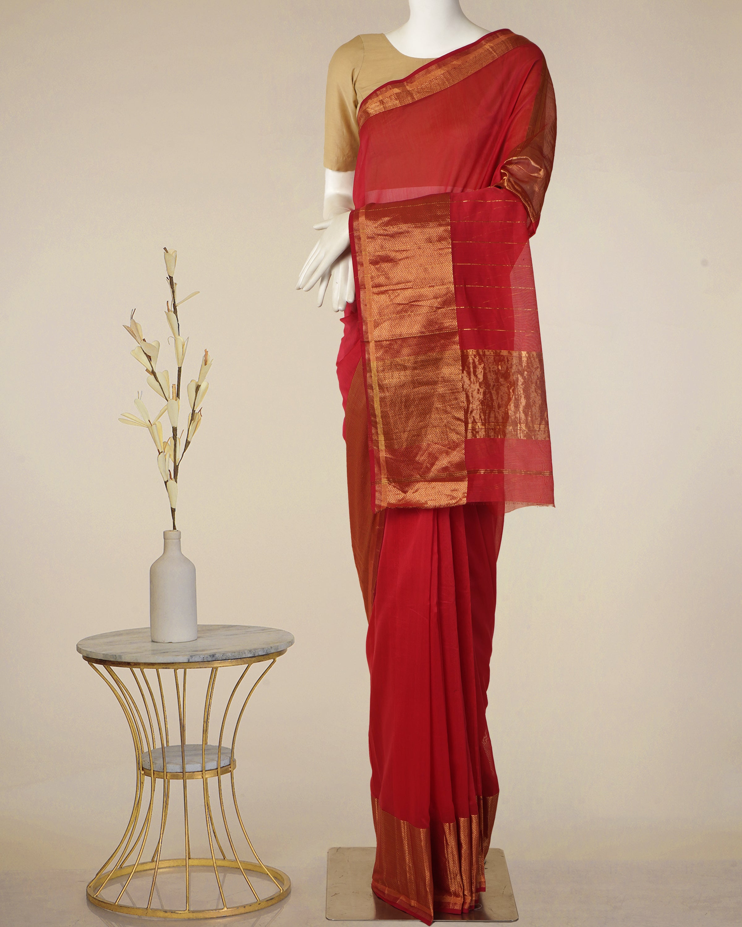 Red Color Handwoven Chanderi Saree With Blouse Piece