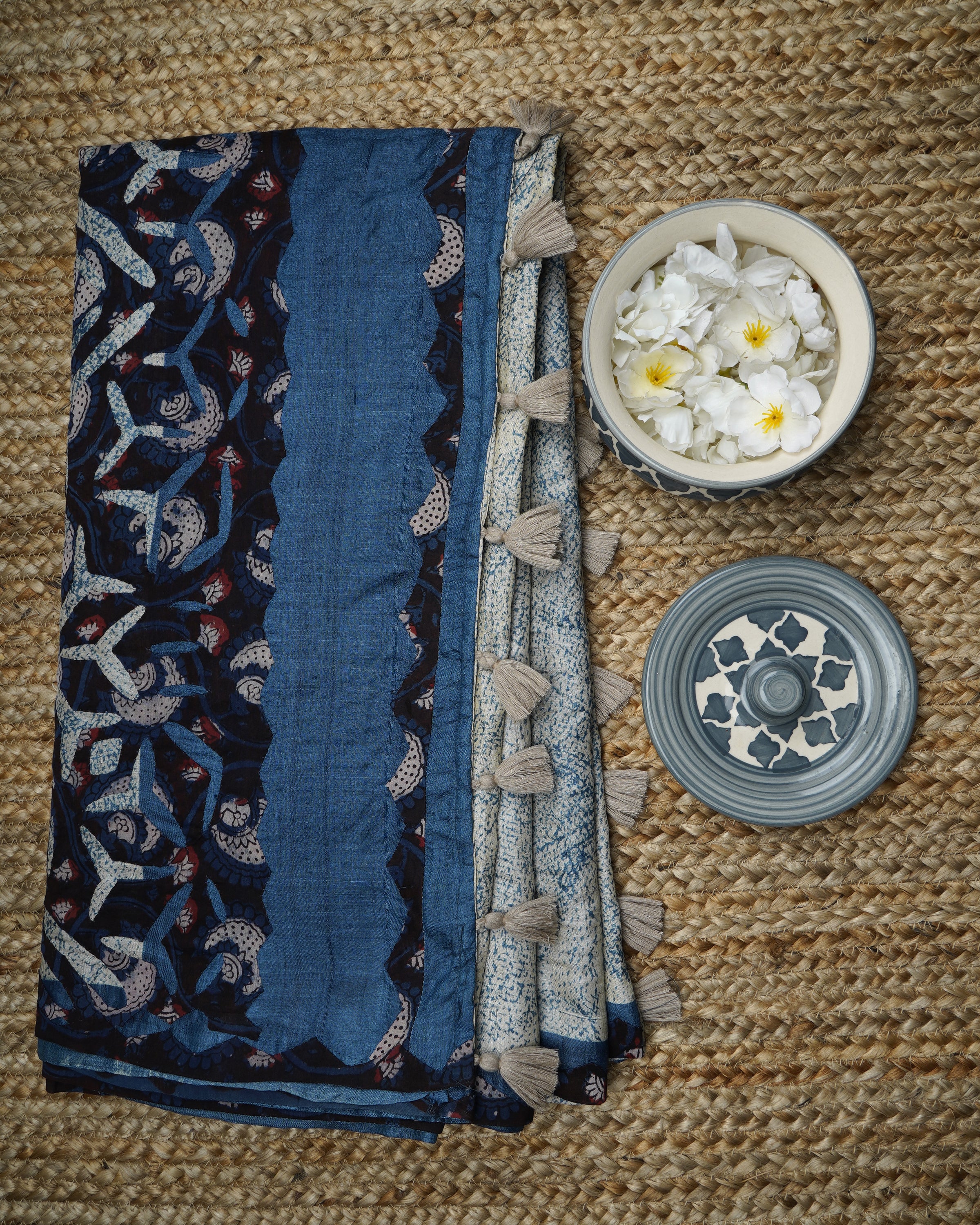 Blue Handcrafted Batik Print With Applique Work Pure Tussar Silk Saree With Blouse Piece