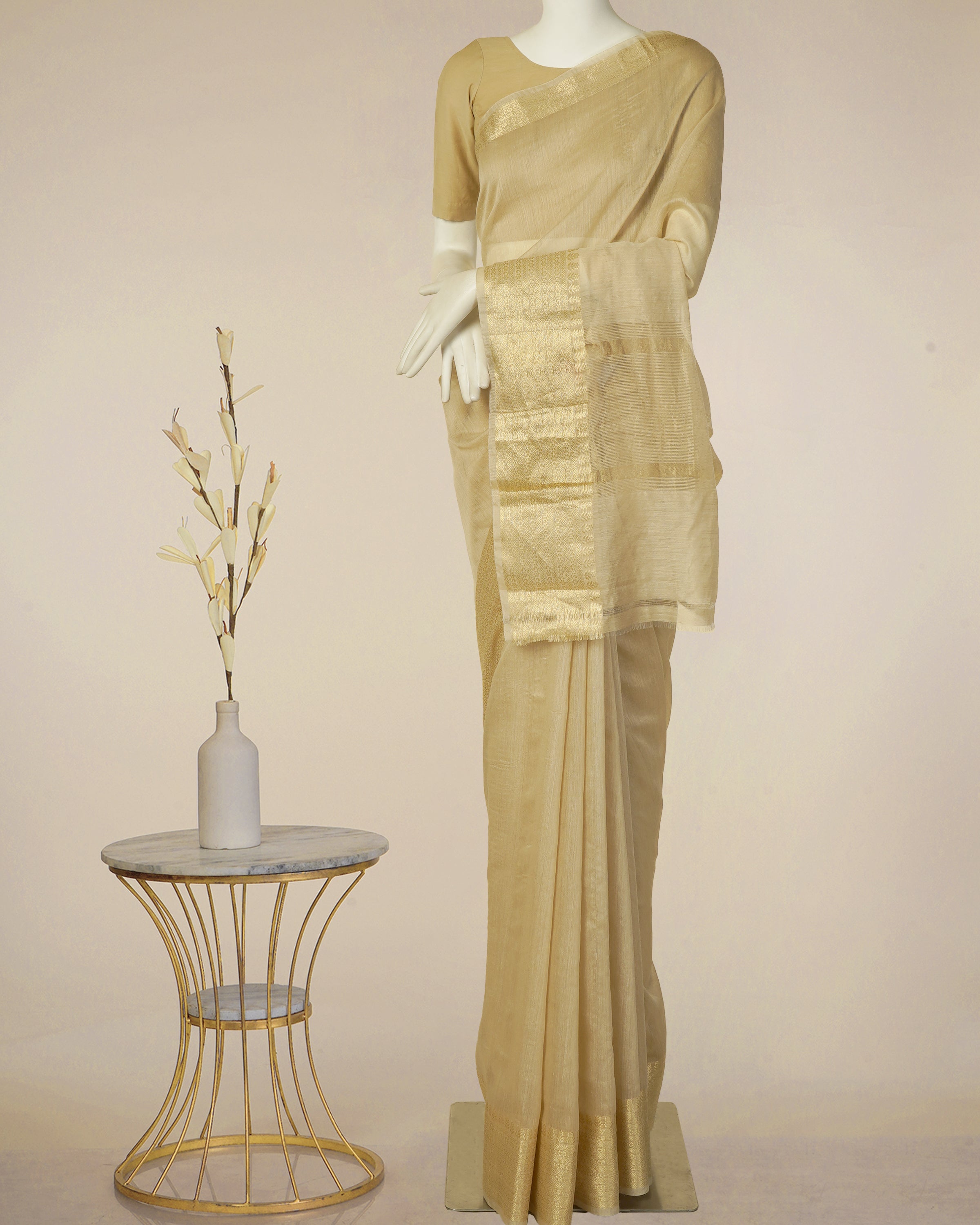 Off White-Gold Dyeable Handwoven Fancy Muga Silk Saree with Blouse Piece