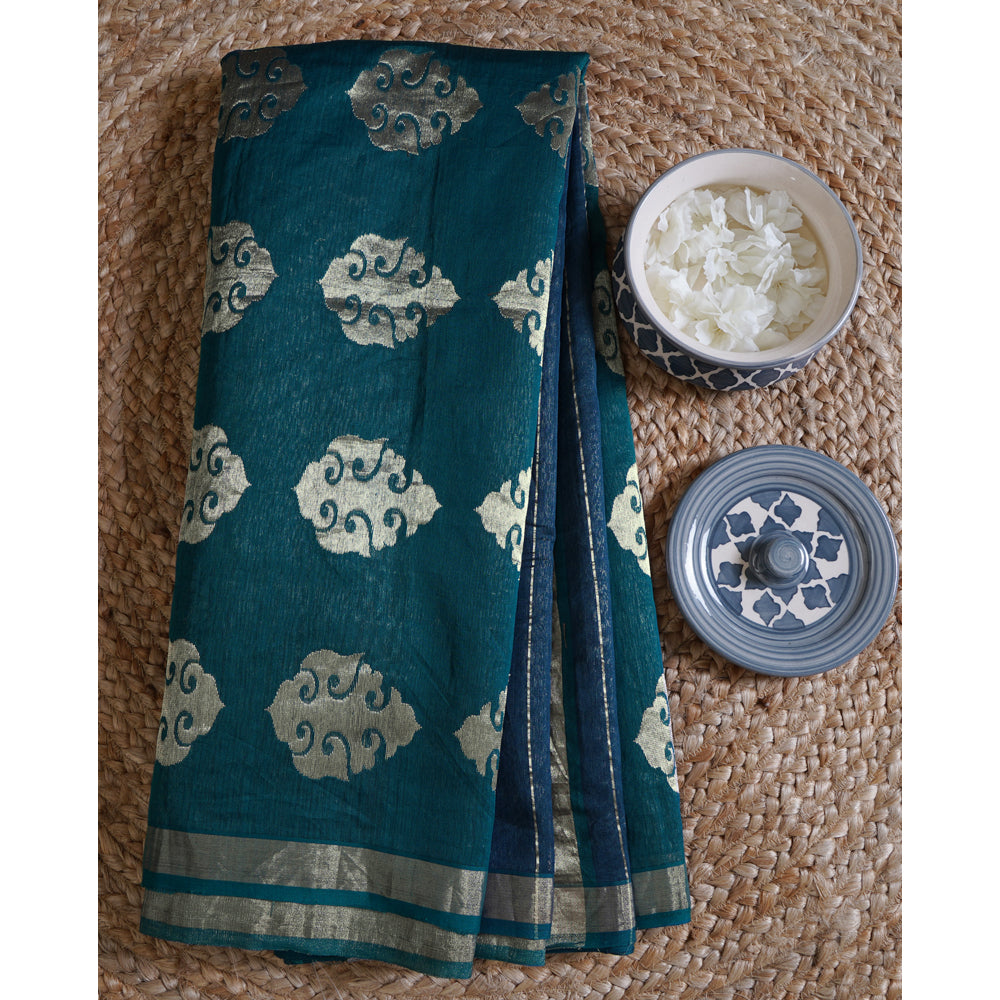 Blue Green Booti Pattern Fancy Banarasi Handwoven Silk Saree with Blouse Piece