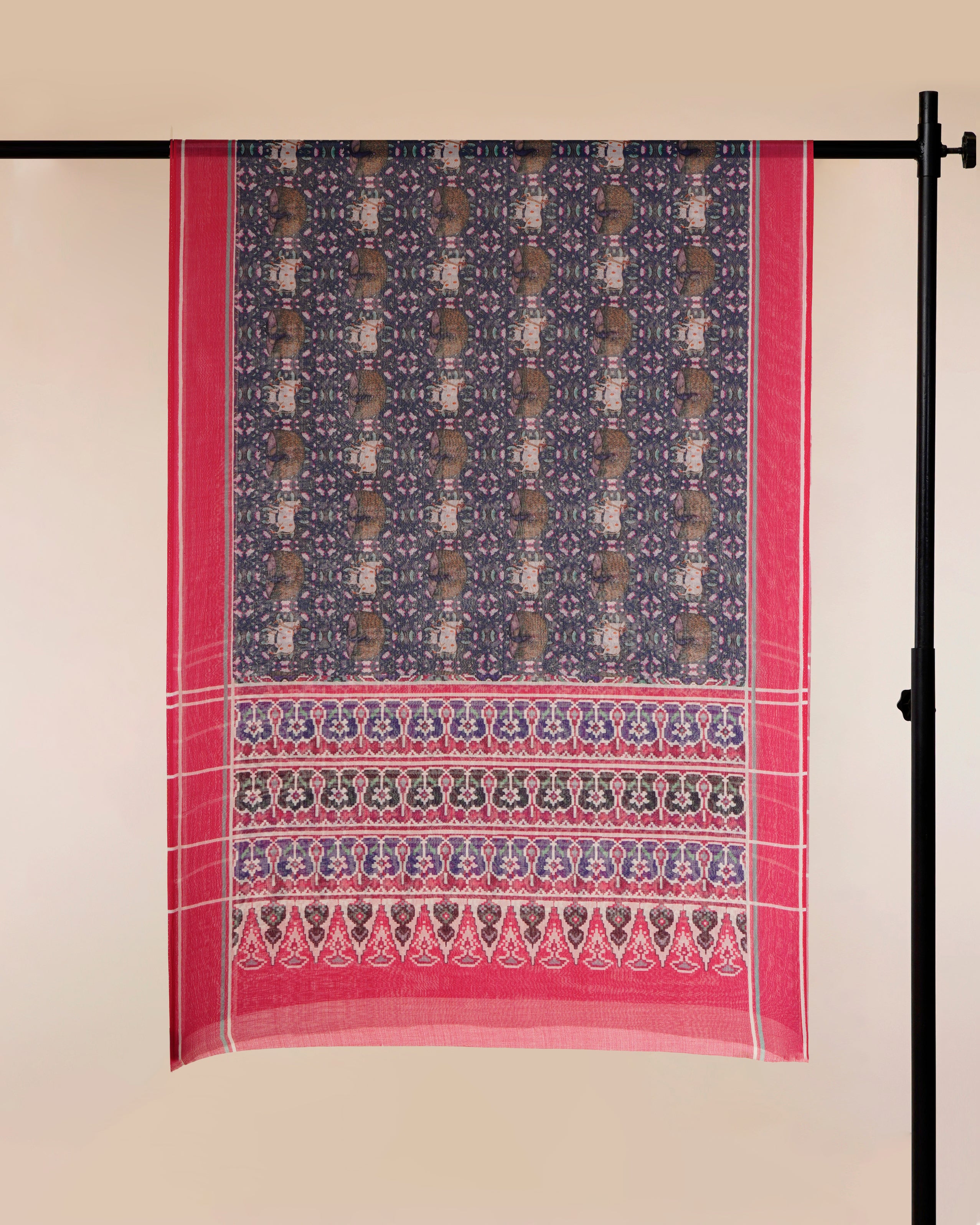 Rani Pink-Blue Traditional Pichwai & Patola Pattern Digital Print Tusser Chanderi Dupatta