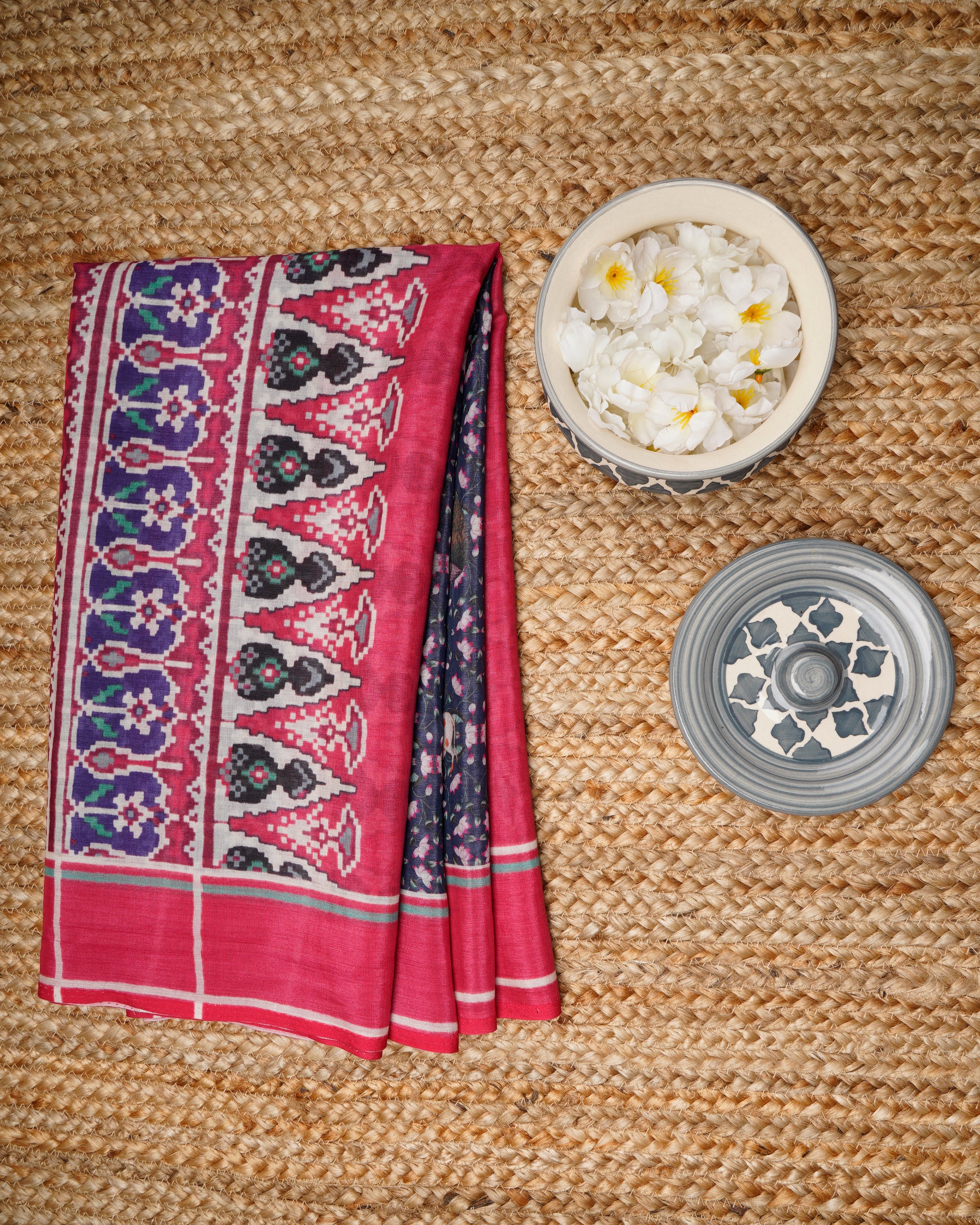 Rani Pink-Blue Traditional Pichwai & Patola Pattern Digital Print Tusser Chanderi Dupatta