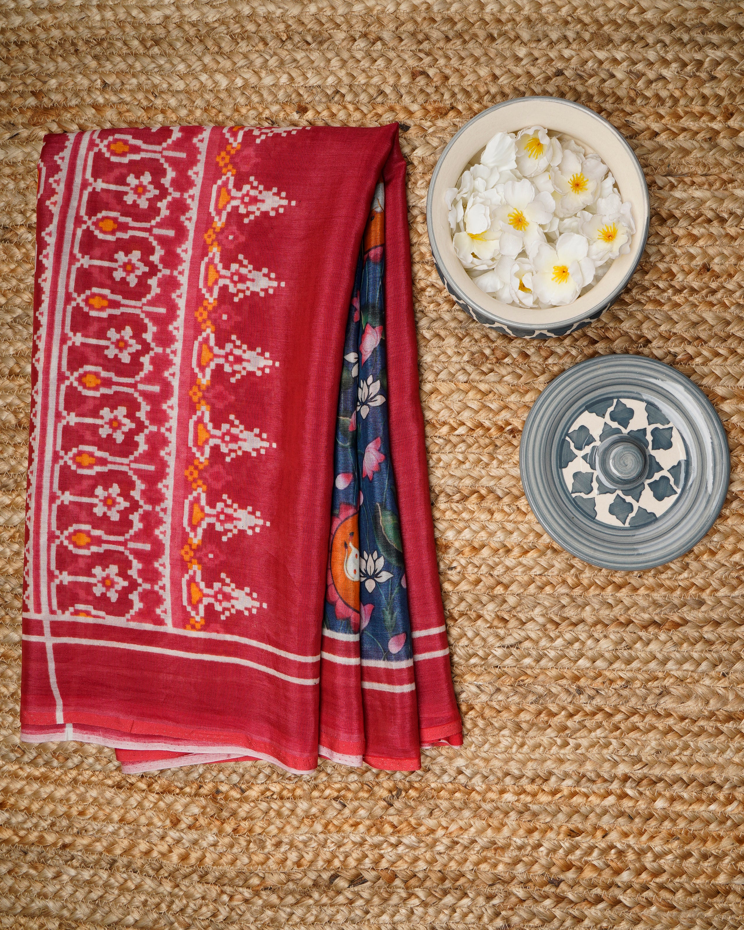Red-Blue Traditional Pichwai & Patola Pattern Digital Print Tusser Chanderi Dupatta