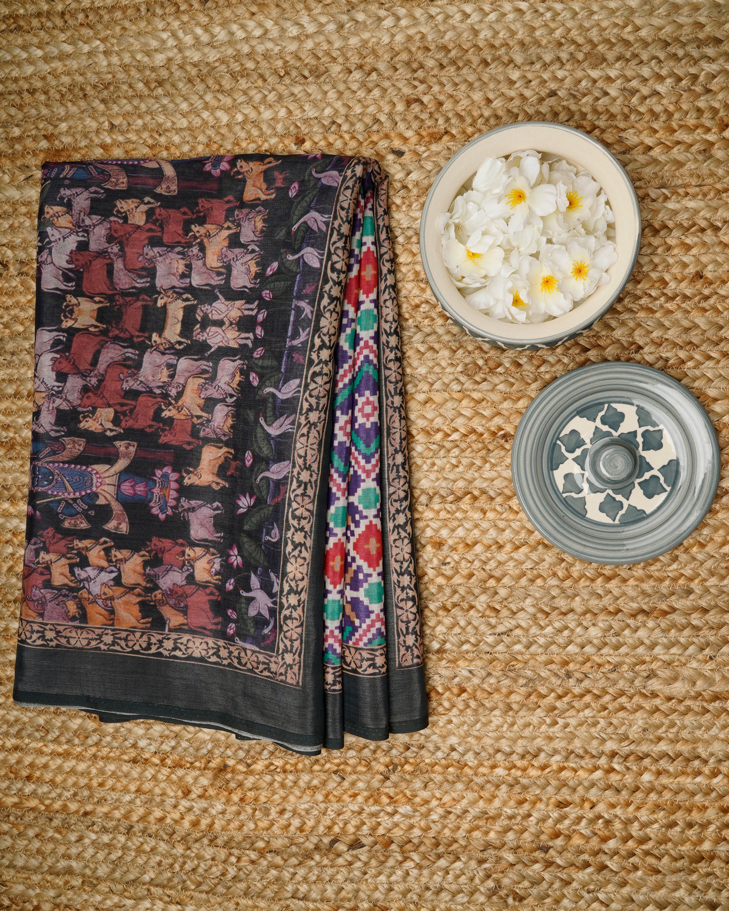 Multi Color Traditional Pichwai & Patola Pattern Digital Print Tusser Chanderi Dupatta