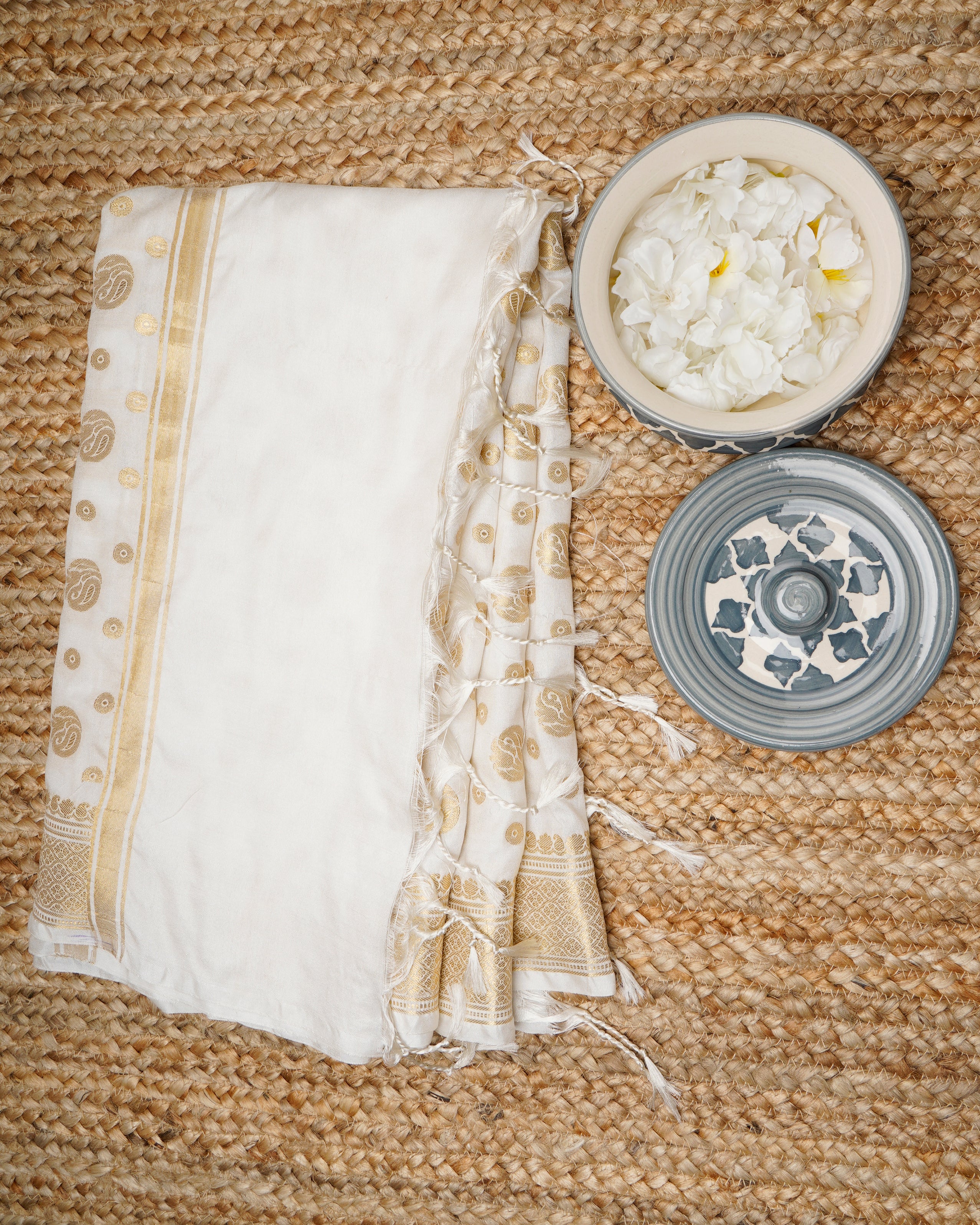 Off-White-Gold Dyeable All Over Pattern Banarasi Woven Dupatta