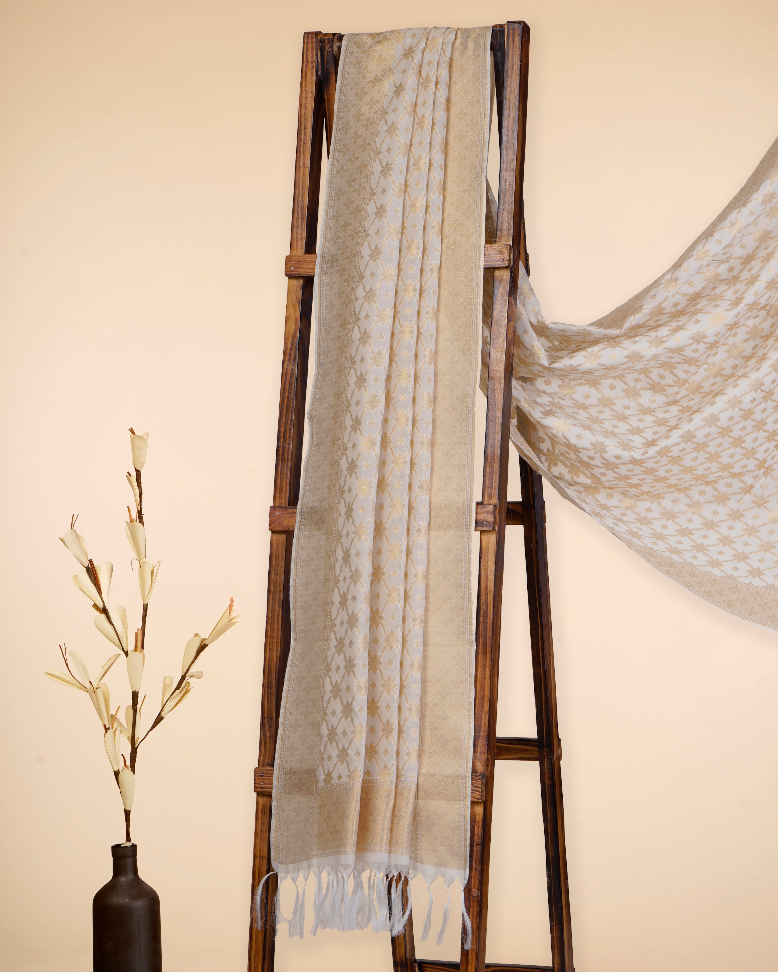 Off-White-Gold Dyeable All Over Pattern Banarasi Woven Dupatta