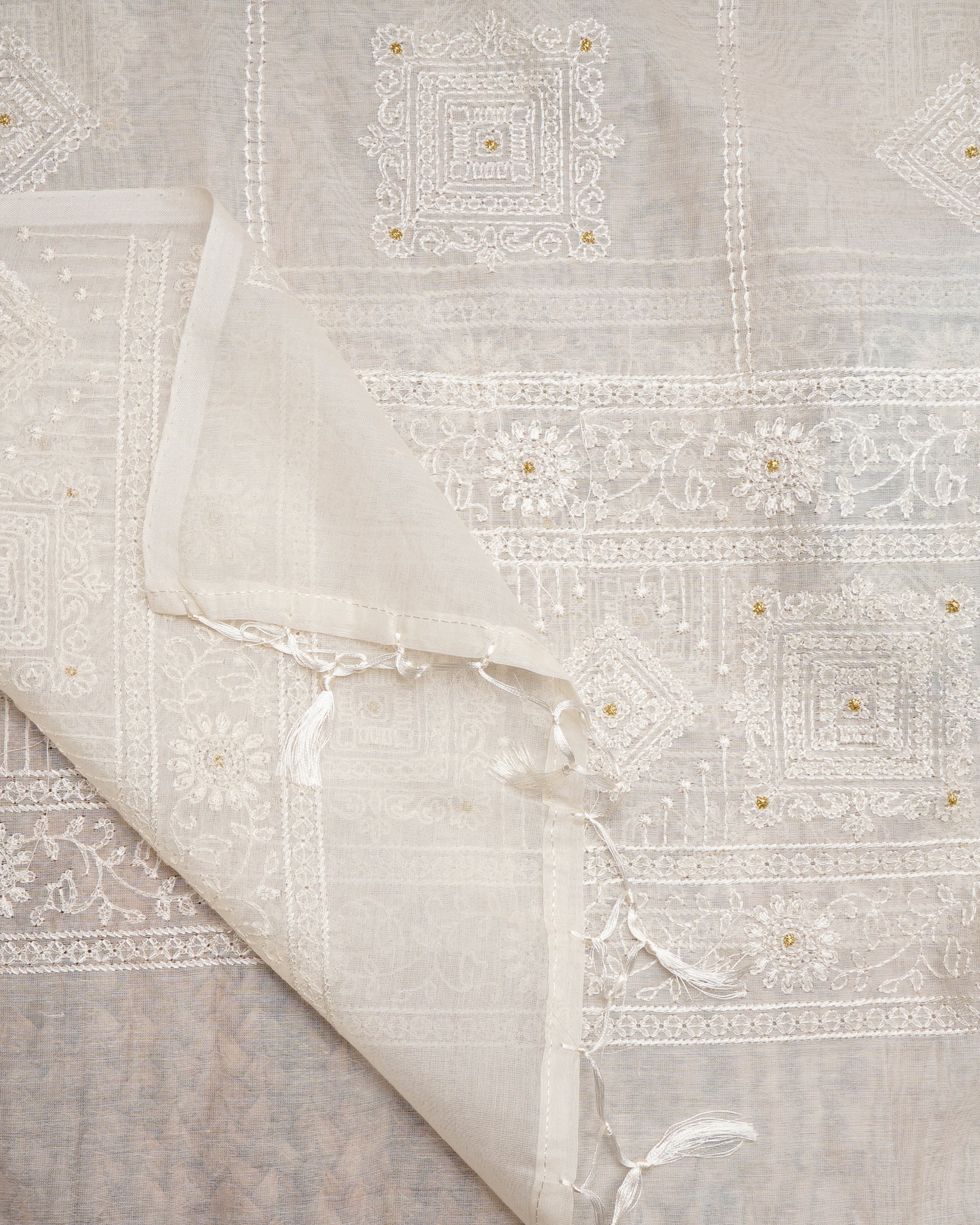 Off-White Dyeable All Over Pattern Embroidered Chanderi Dupatta
