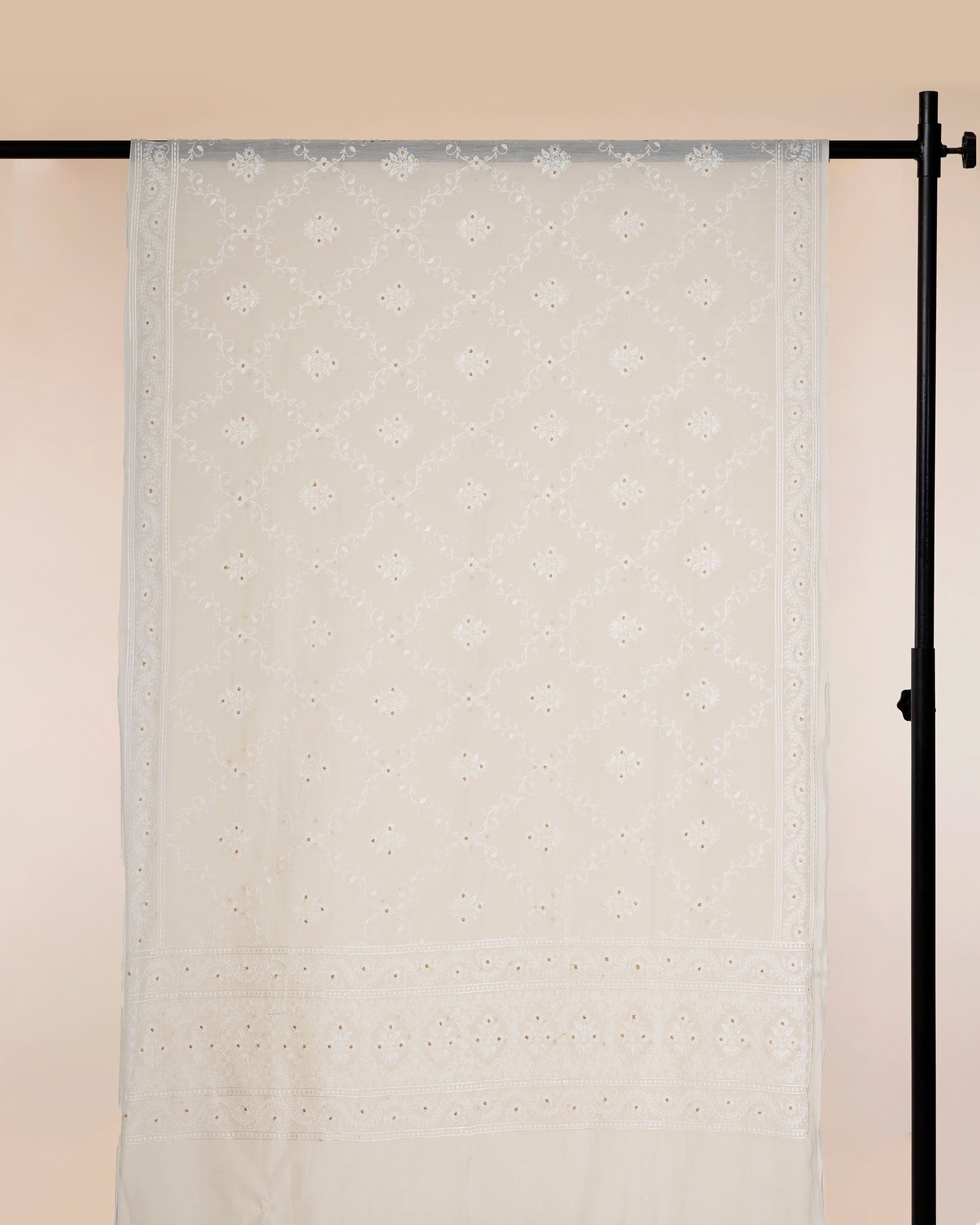 Off-White Dyeable Floral Pattern Embroidered Chanderi Dupatta with Tassels