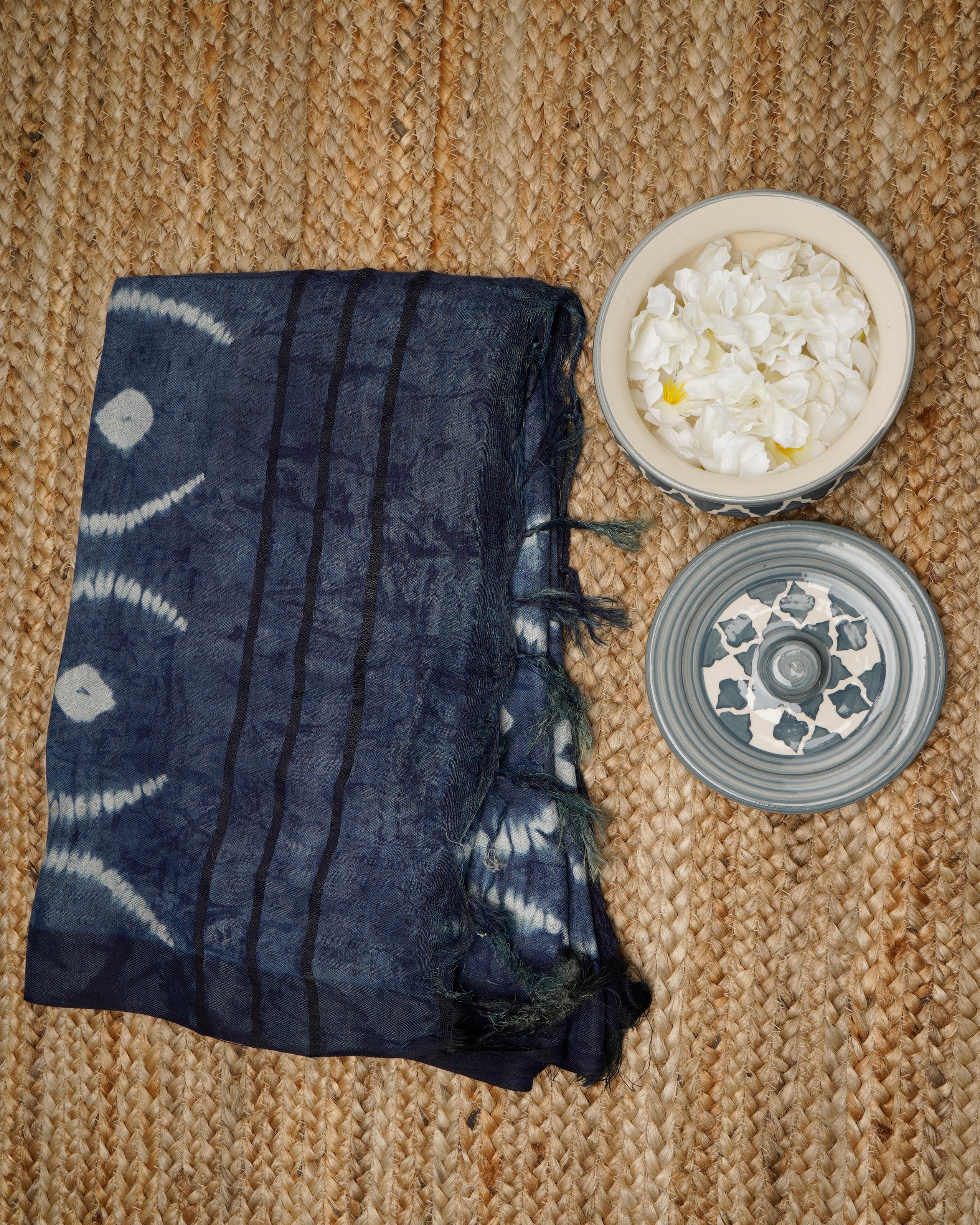 Navy Blue Natural Dye Hand Crafted Shibori Cotton Dupatta